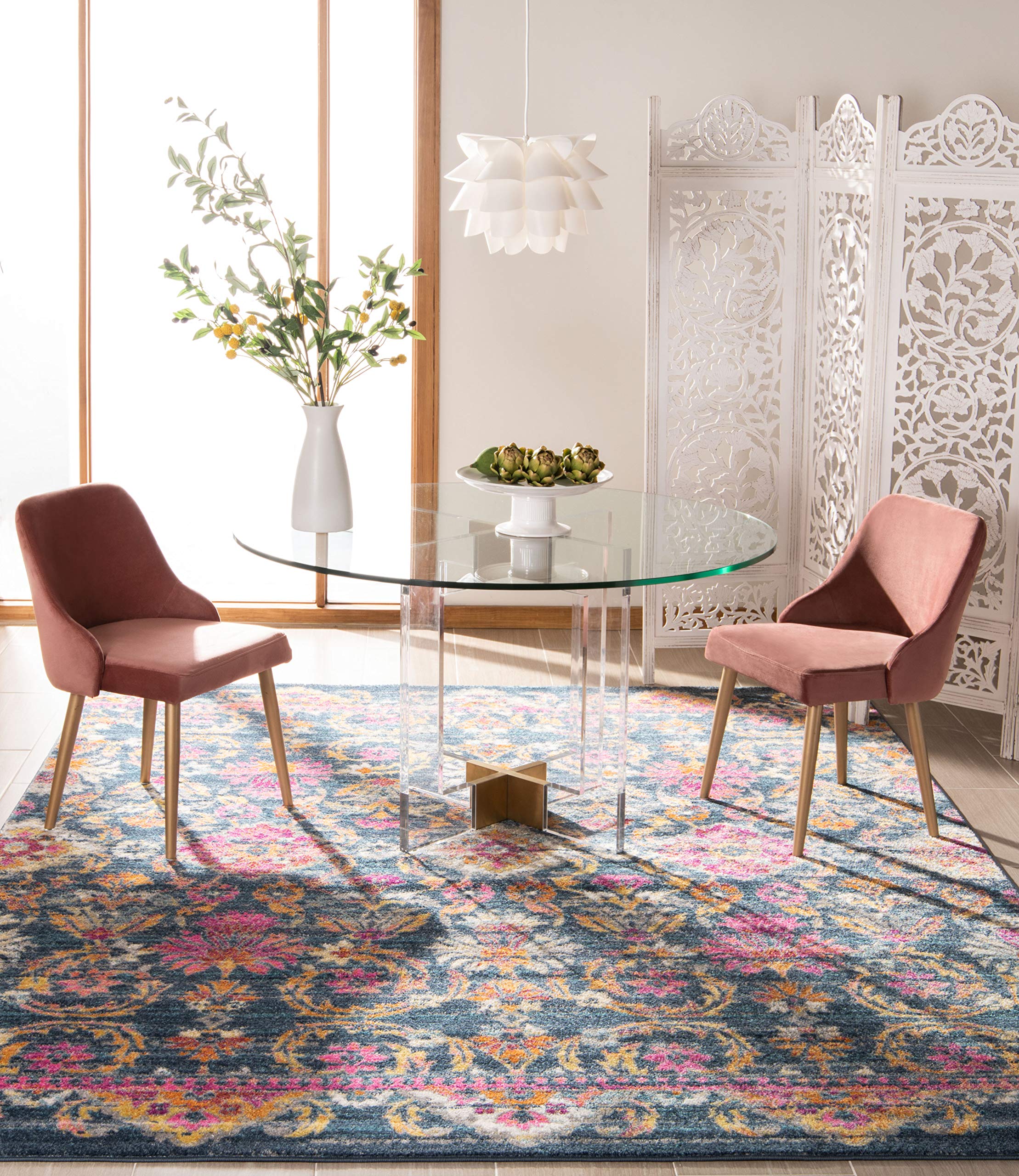 SAFAVIEH Area Rug 8x10 - Madison Collection - Large - Blue & Fuchsia, Boho Chic Floral Design, Non-Shedding & Easy Cleaning, Ideal for Living Room,