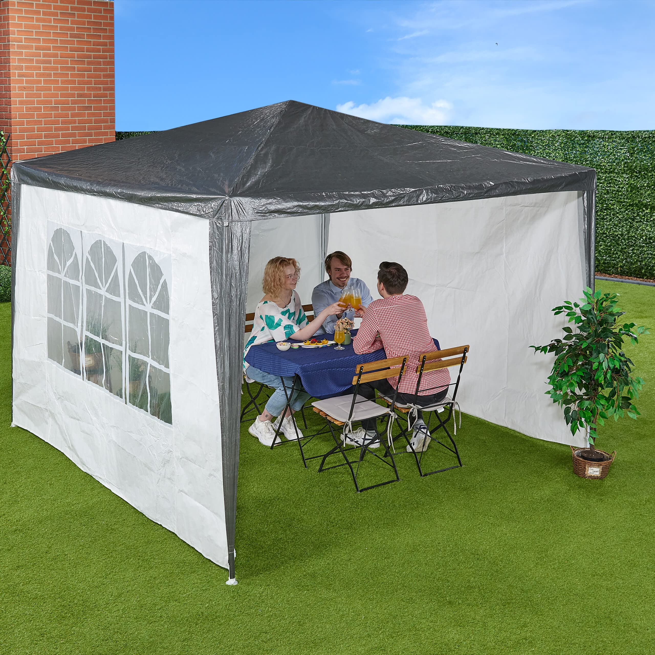 Relaxdays Seitenteile für Pavillon, 3er Set, 2x3 m, wasserdicht, Seitenwände mit Klettverschluss, PE, mit Fenster, weiß