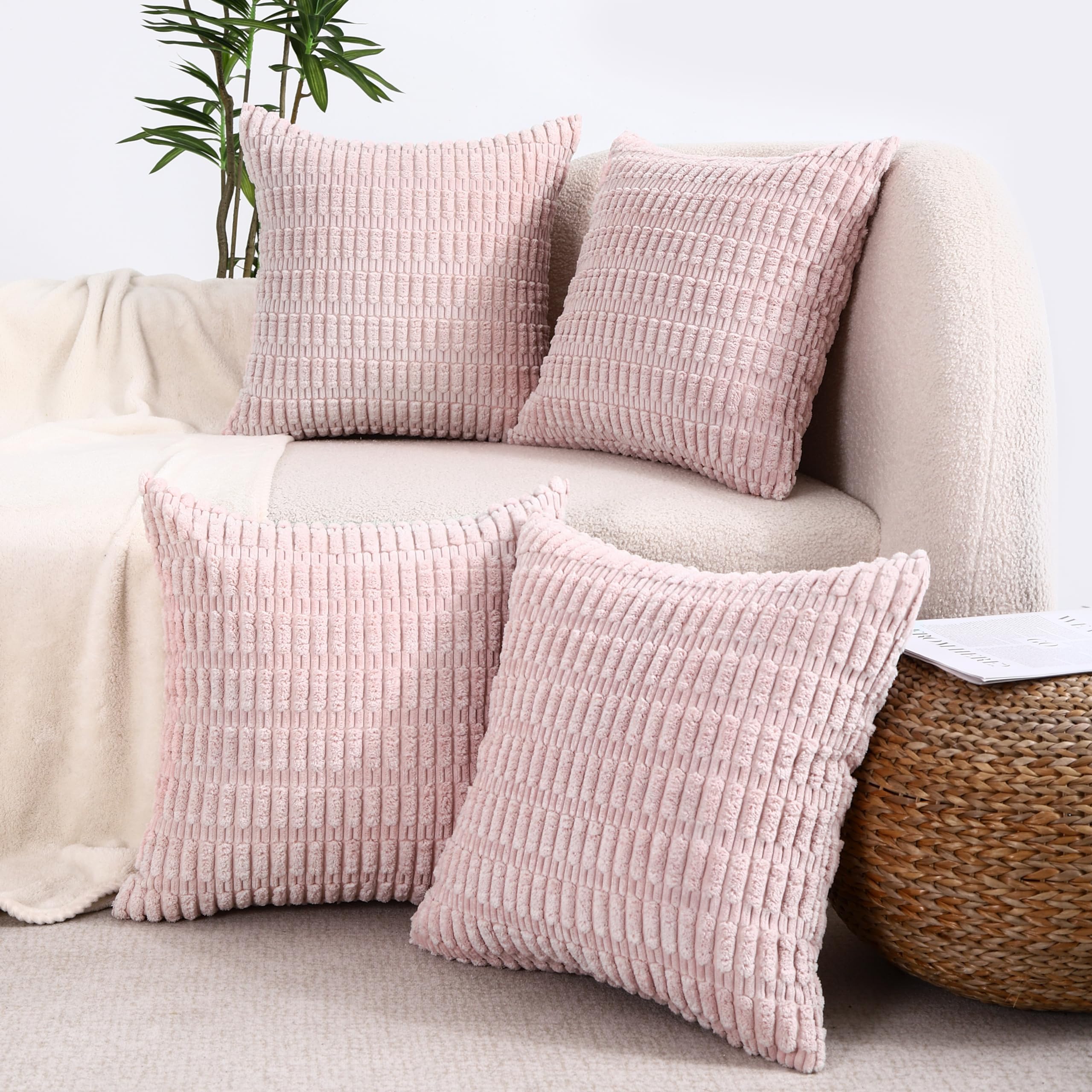 All Smiles Decorative Pink Throw Pillow Covers 18x18 Set of 4 Farmhouse Rustic Boho Home Decor Soft Plush Striped Corduroy Square Cushion Case for Living Room Couch Bed Sofa — image 1