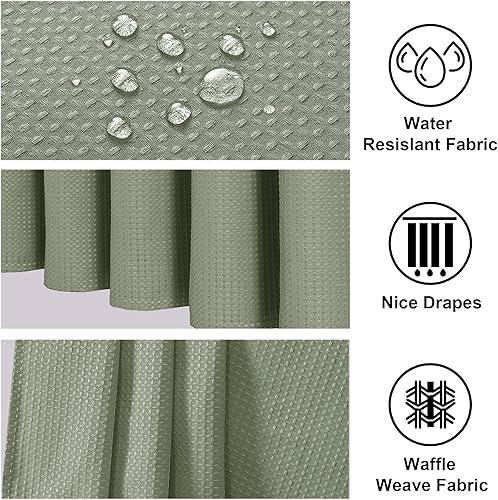 Miniatura 2 de OWENIE Cortina de ducha verde salvia, cortinas de ducha de tela pesada con tejido de gofre pequeño para baño de tamaño estrecho, impermeable, suave,