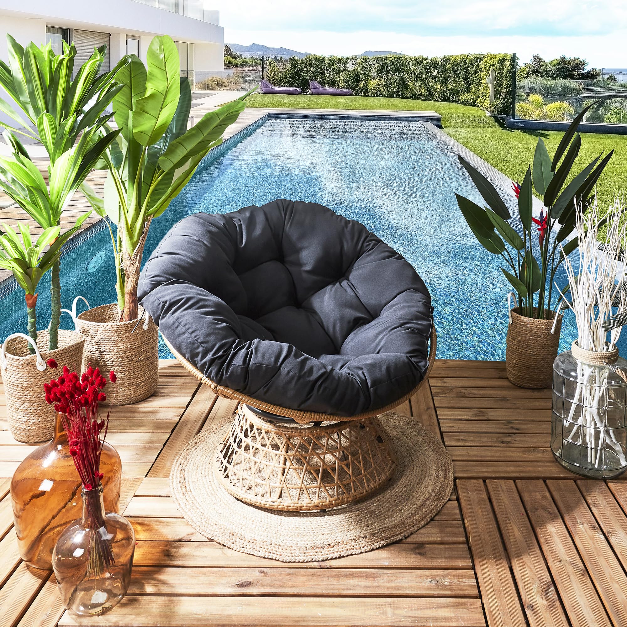 HOME DECO FACTORY, Poltrona girevole per esterni, sedia Relax rotonda, 1 posto girevole a 360°, cuscino spesso grande comfort incluso, mobili da giardino per amenagement balcone, terrazza salotto da