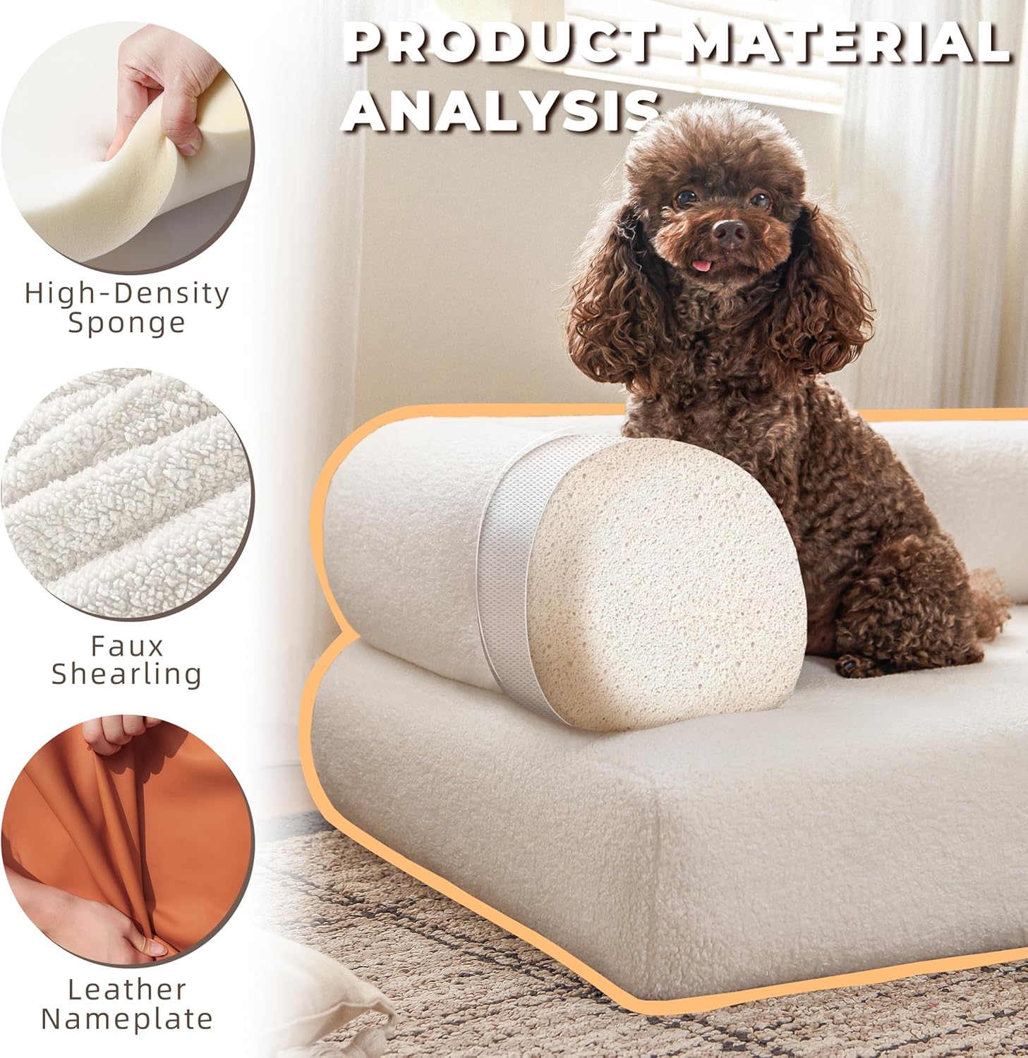 White Faux Shearling Dog Couch Bed for Large Dogs Under 70 lbs, 33.9 Inch Modern Tufted Elevated Dog Sofa with Leather Nameplate, Indoor Furniture Style Cute Raised Pet Sofa Bed (Large)