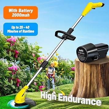 Aokia Electric Weed Wacker Cordless, 12V Battery Powered Weed Eater Cordless with Adjustable Pole (65inch), Lightweight Grass Trimmer Cutter/Edger/Mower with 2 Types Blade for Garden and Yard Lawn-Y