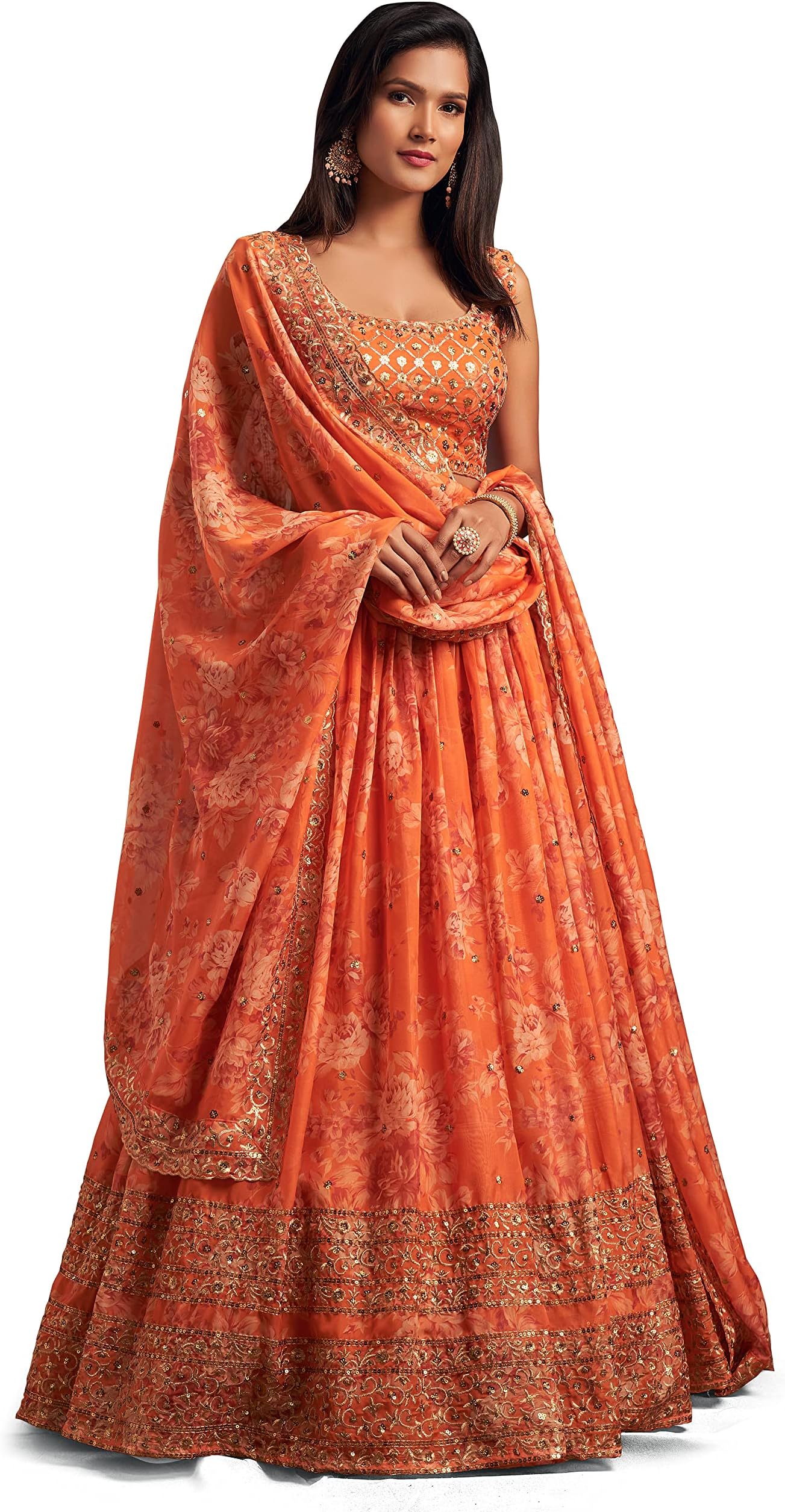 Women's Organza Floral White Semi-Stitched Lehenga Choli (7611-Wedding-Floral-Lehenga-Latest, White)