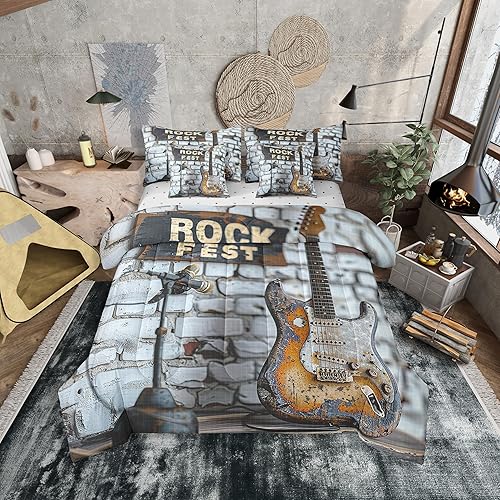 Miniatura 16 de Erosebridal Juego de edredón de 7 piezas con diseño de piano, cama Queen en una bolsa, juego de ropa de cama retro con notación musical de guitarra