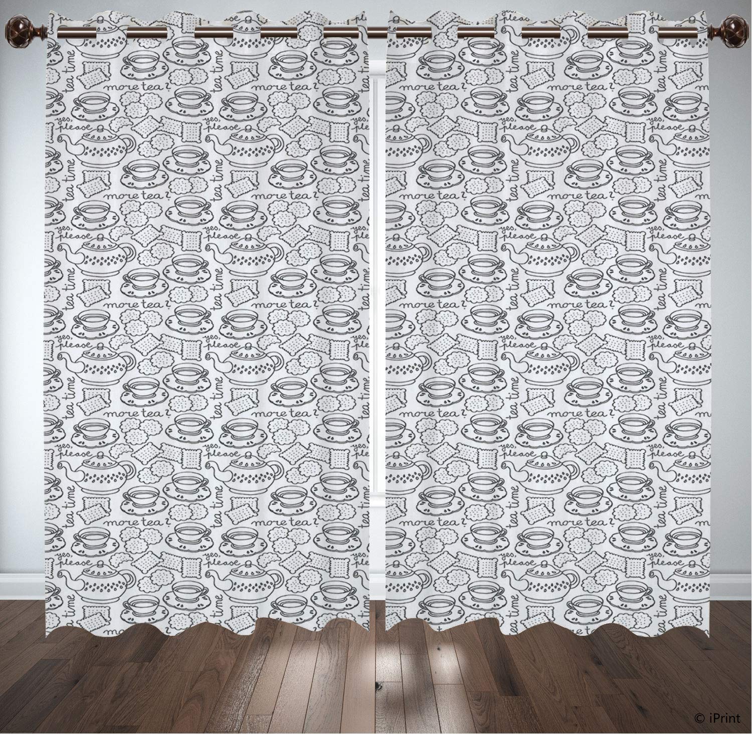 №14803 Window Curtains 63 Inch Length / Tea Party, Doodle Drawing Monochrome Tableware Pattern With Biscuits And More Tea Words, Grey White / Living Room Bedroom Window Drapes 2 Panel Set, 108" X 63"