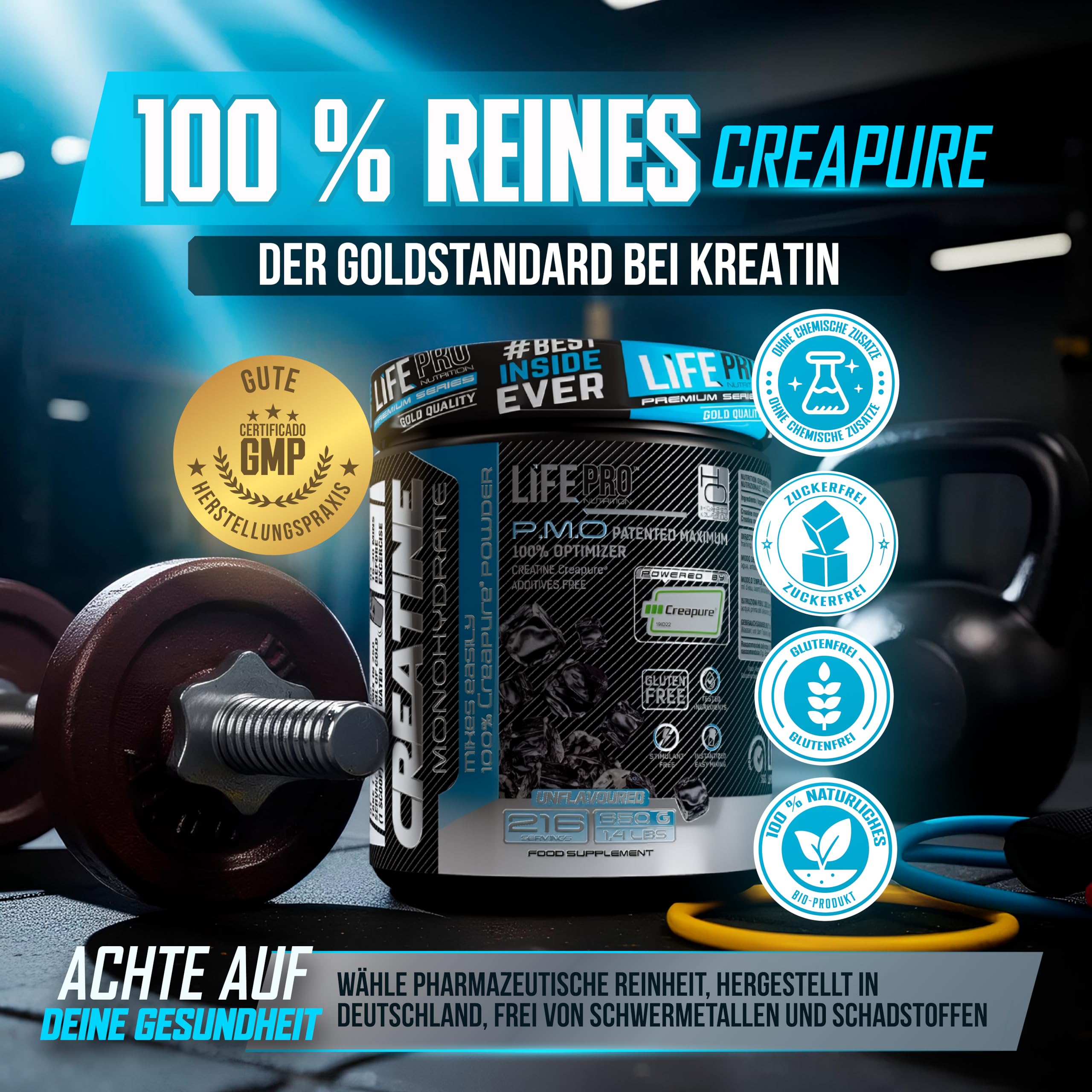 Life Pro Creatine Creapure 650 g Geschmacksneutral – Kreatin-Monohydrat aus Deutschland – mikronisiert für Leistung, Kraft & Regeneration