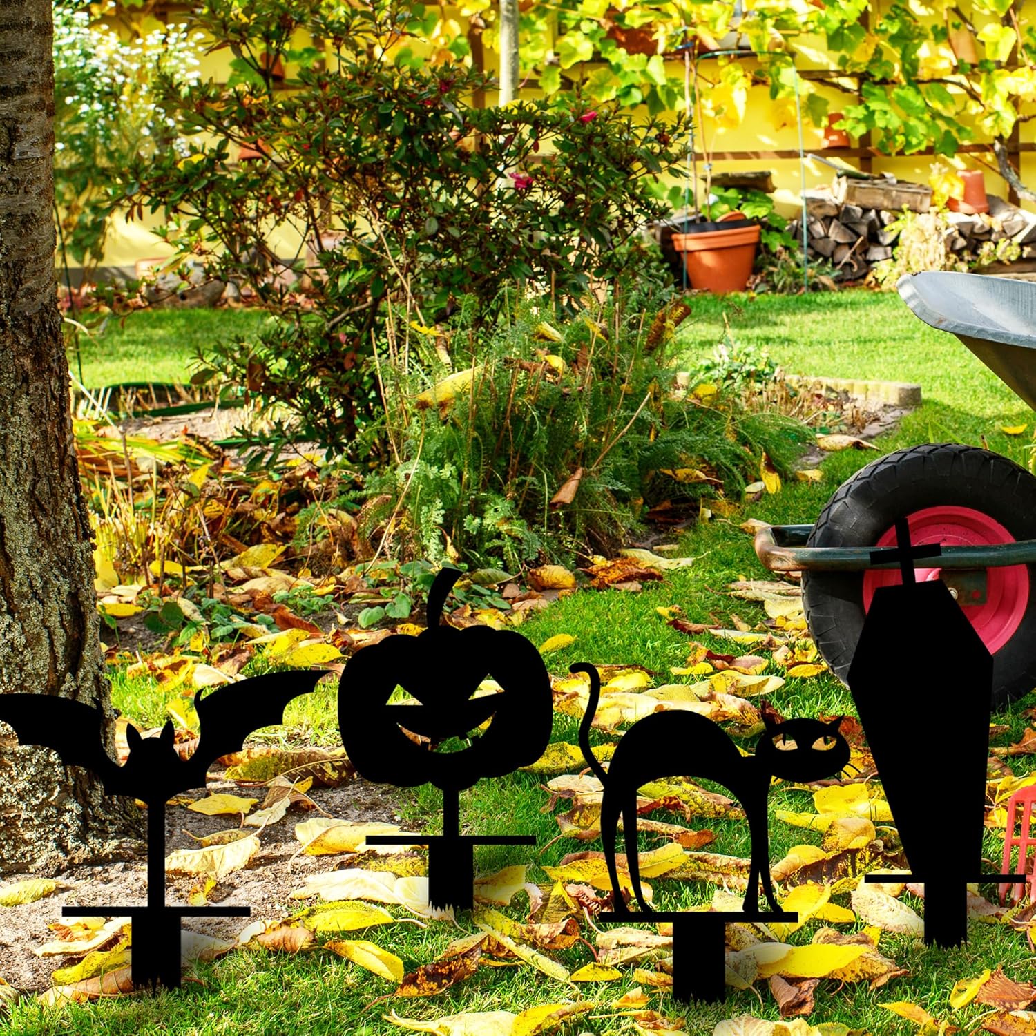 Metal Garden Halloween Sign with Stakes, Scary Cat Bat Pumpkin Tombstone Yard Sign, Spooky Silhouette Sculpture, Halloween Party Sign, Garden Fall Decoration, Halloween Decor for Outdoor Lawn Decor