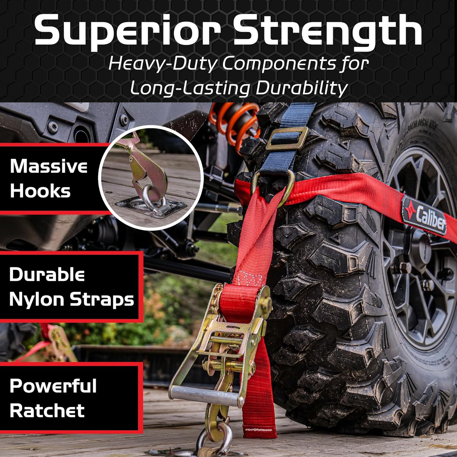 Caliber Trailblazer ORV Heavy-Duty Tie Down Straps, 2-Way Tension Around Tire with 11,000 lbs. Break Strength, 2-Pack - Image 4