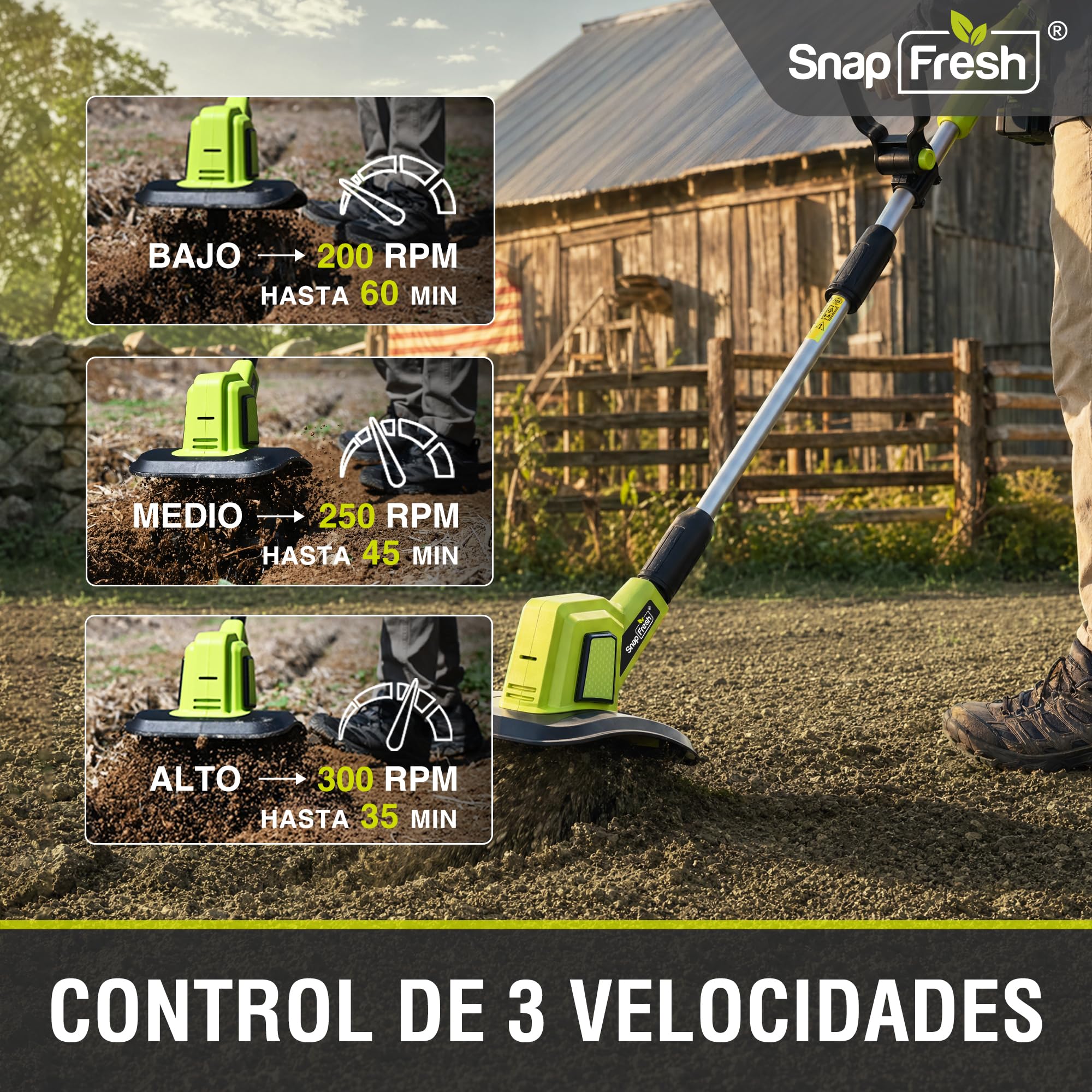 SnapFresh Motoazada de Batería Inalámbrica 20V - Fresadora de Jardín Eléctrica con Batería 4,0 Ah y Cargador Rápido para Parterres