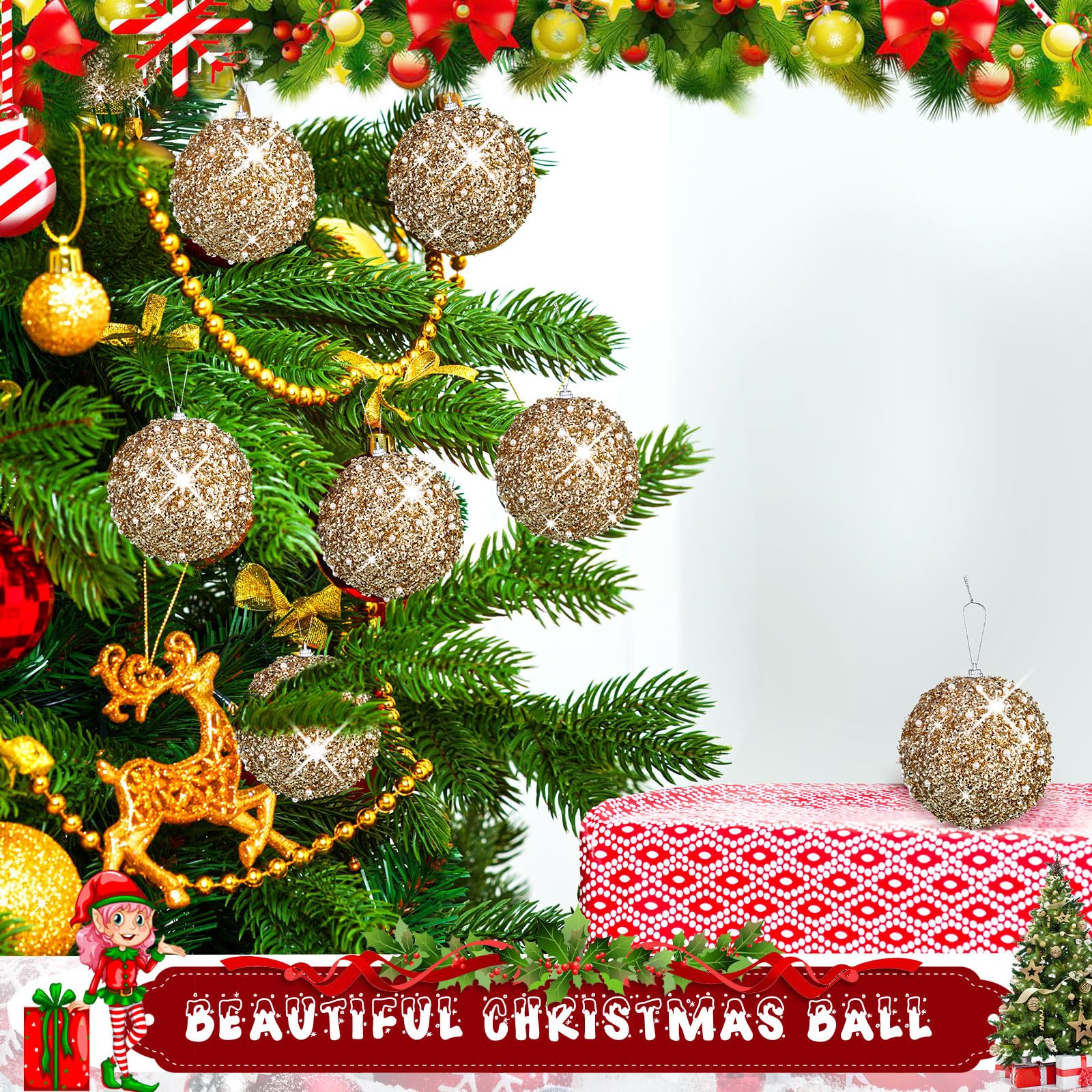 BBTO Lot de 8 boules de Noël à paillettes en mousse à paillettes - Décorations à suspendre pour Noël, fête de mariage, vacances (champagne, 8,9 cm)
