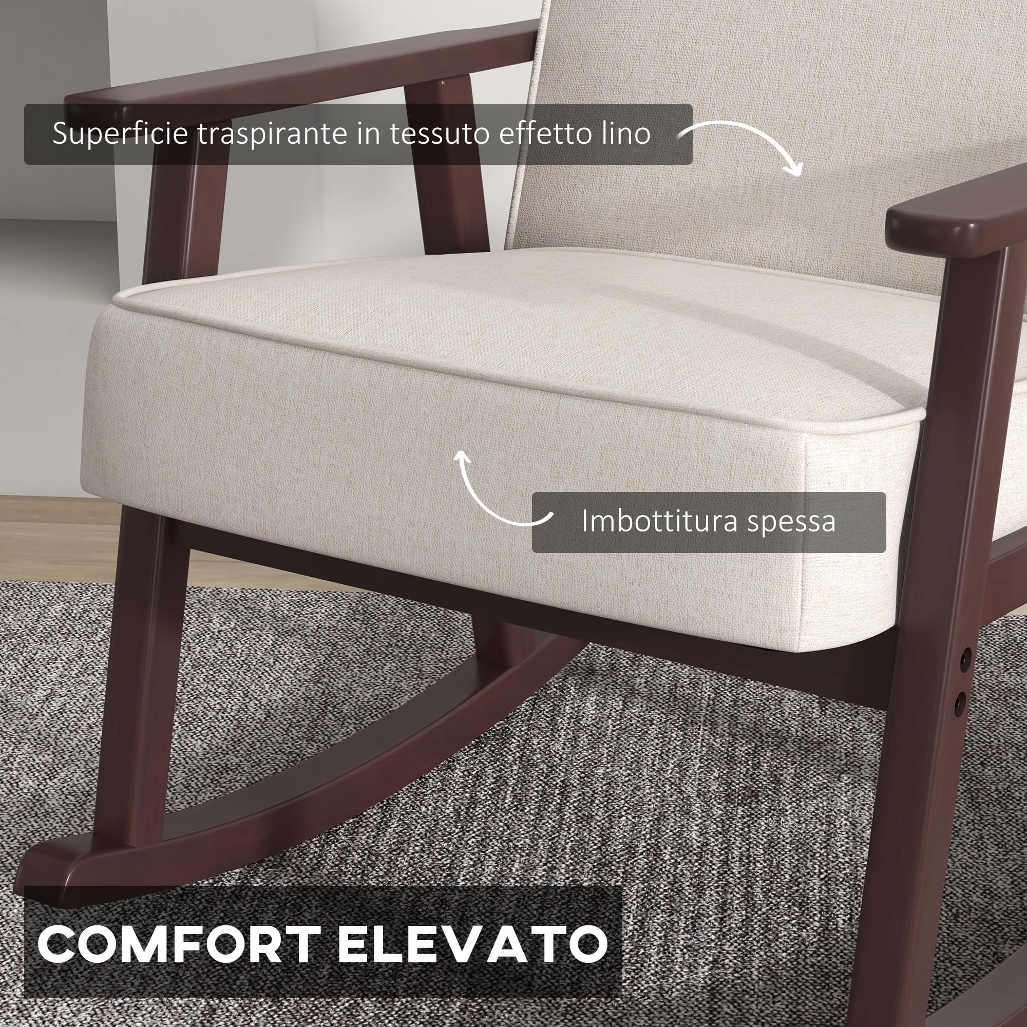 HOMCOM Poltrona a Dondolo per Interni in Tessuto Effetto Lino e Legno con Braccioli e Cuscini, 66x78x76 cm, Beige e Marrone
