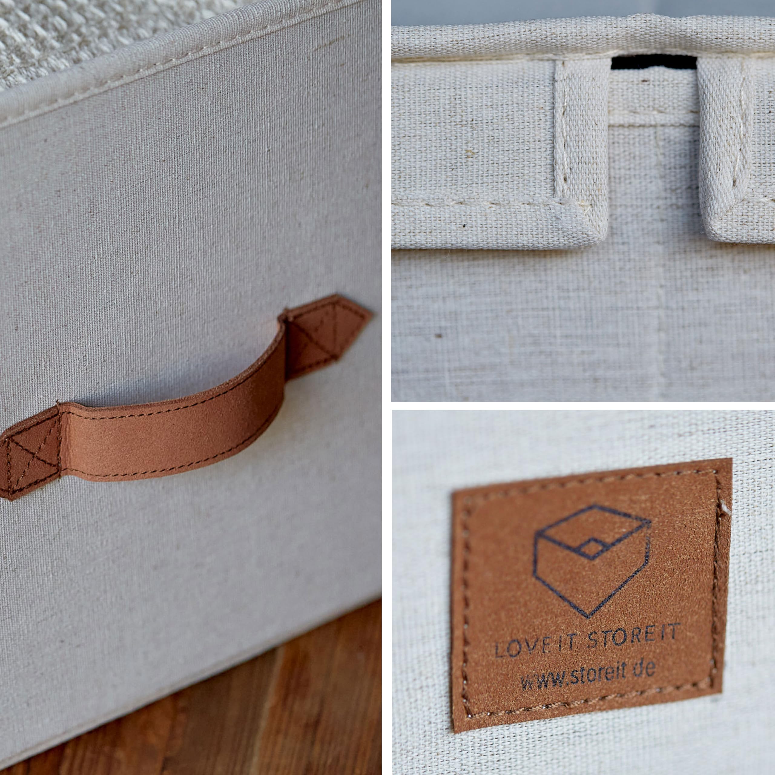 LOVE IT STORE IT Premium Aufbewahrungsbox mit Deckel Stoff - Aus Leinen-Baumwoll-Gemisch - Verstärkt mit Holz - Groß und stabil - Beige - 50x33x24 cm (Packung mit 3)