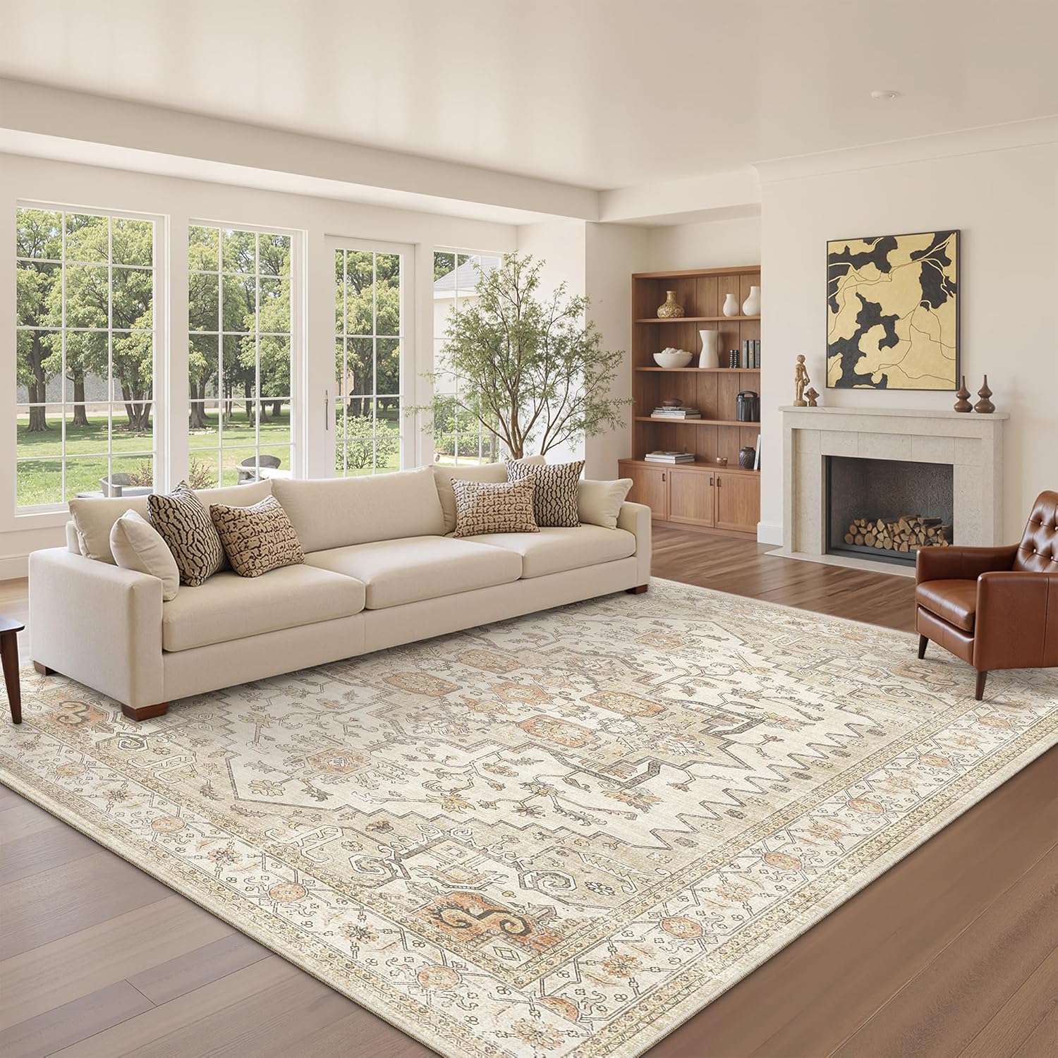 Area Rugs for Living Room - 6x9, Boho Non-Slip Low Pile Carpet Machine Washable Rugs for Bedroom, Farmhouse, Office, Dining Room (Gold) Gold 6' x 9' (Rectangular)