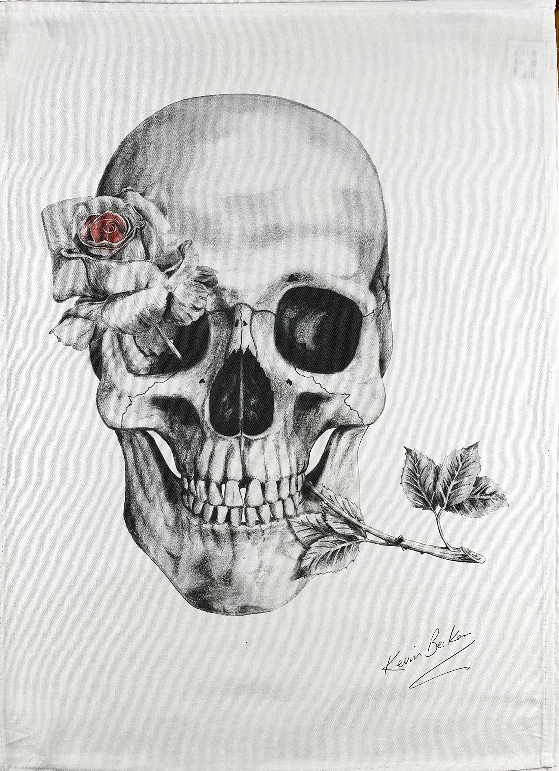 Half a Donkey Hand Drawn Skull Under the Rose Large Cotton Tea Towel