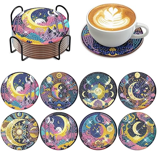 Juego de 8 posavasos de diamantes con diseño de luna mística con soporte para principiantes, adultos, niños, suministros de manualidades con