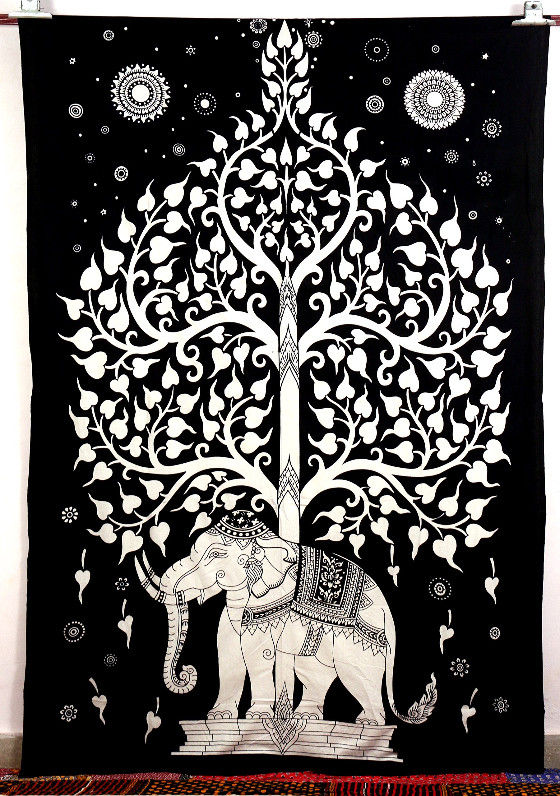 BhagyodayFashions Elephant Tree Tapestry,Good Luck White Elephant Tapestry, Hippie Gypsy Wall Hanging, Tree of Life Tapestry, New Age Dorm Tapestry