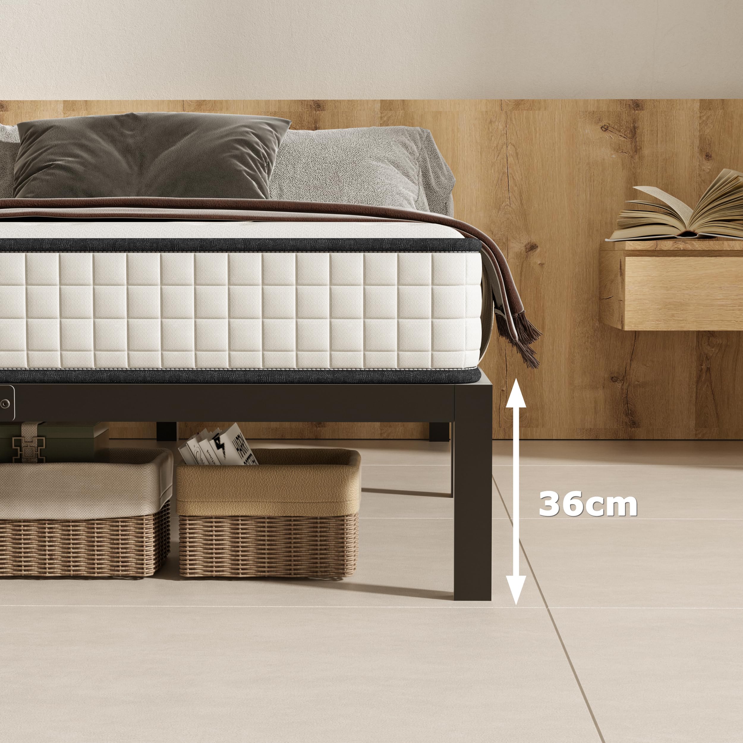 DEWINNER Cadre de Lit 160x200 avec Sommier | Sommier 160x200 avec Pieds | Cadre en Métal | Hauteur de 36cm | Espace de Rangement au Dessous | Montage Facile | Lit Deux Places