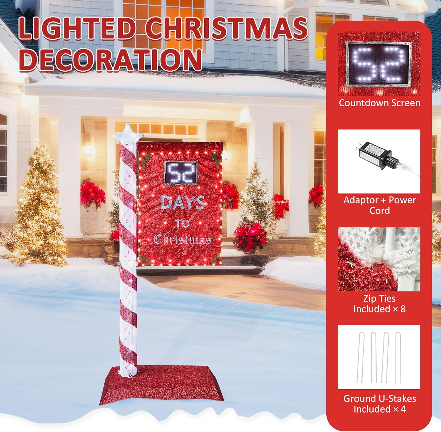 Yardenaler 5FT Lighted Christmas Countdown Sign, Remote Control Available Within 0-60 Days, Holiday Countdown Sign Decor with 125 LED Lights, Freestanding Glittered Holiday Display for Outdoor, Indoor