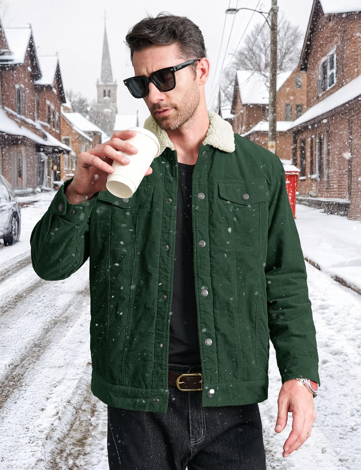 CRYSULLY Men's Corduroy Jacket Cotton Sherpa Lined Jacket Turn-Down Collar Jackets with 5 Pockets - Image 2
