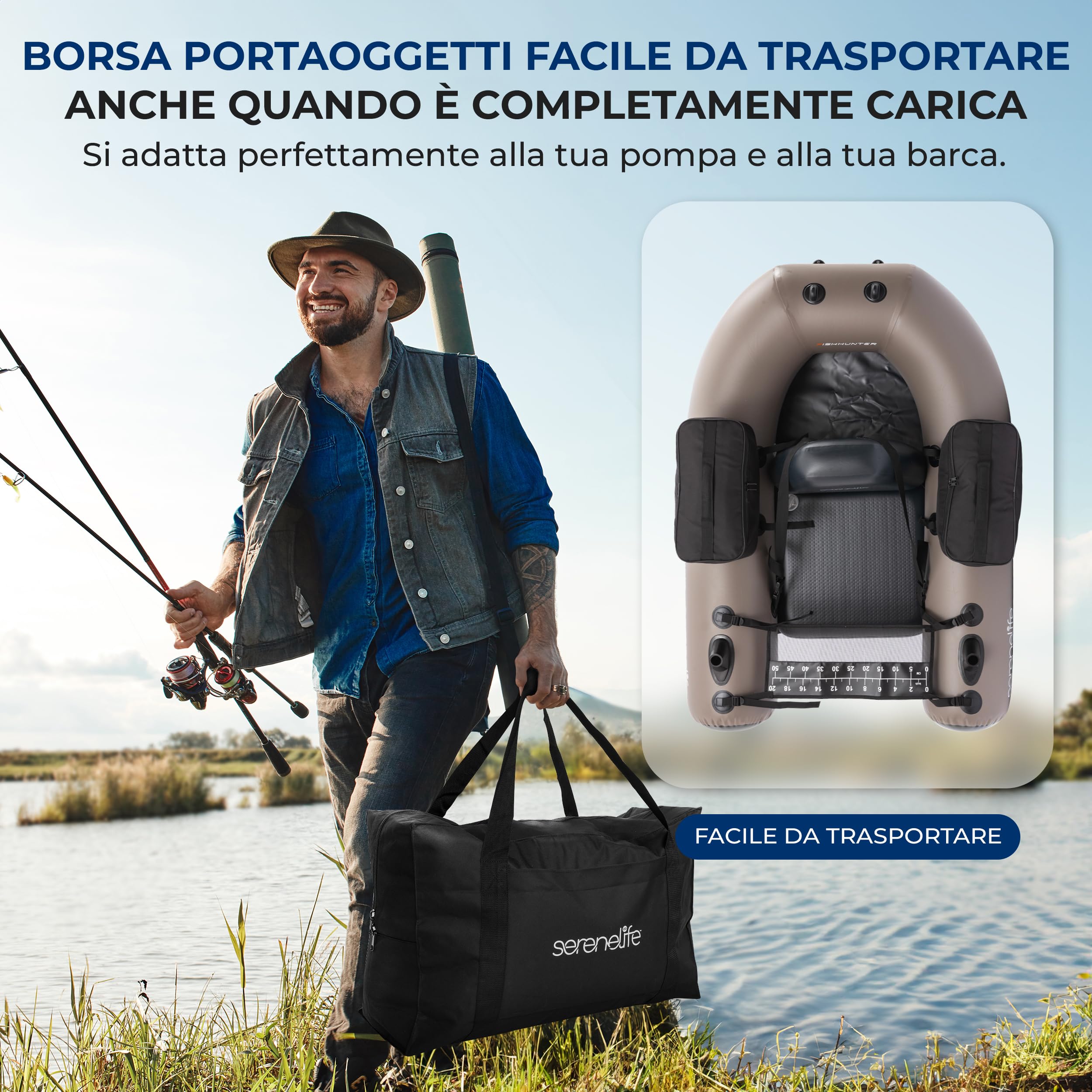 Serenelife Barca da Pesca, Barca Gonfiabile, Belly Boat Portatile, Galleggianti da Pesca con Sedile e Schienale Regolabili, Pompa Manuale, Borsa, Kit di Riparazione, Portata 100 kg