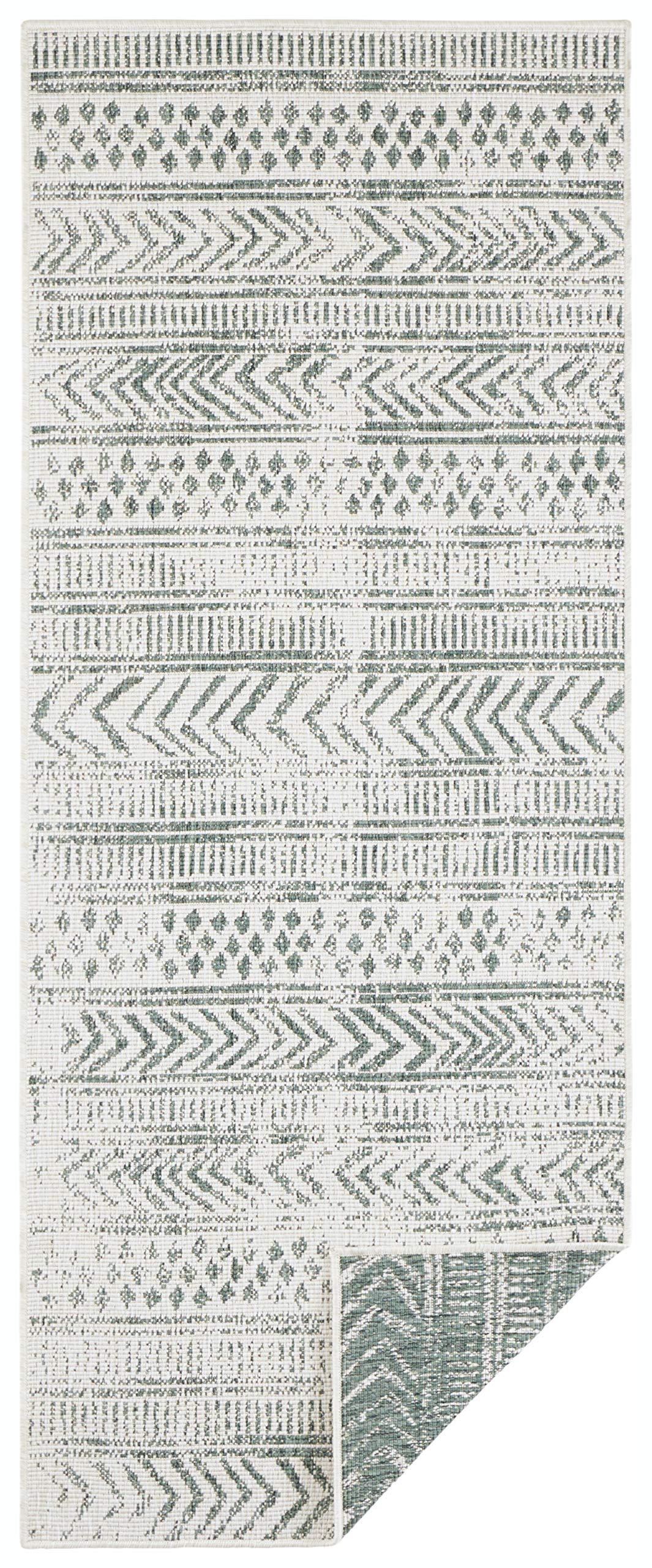 NORTHRUGS In- und Outdoor Teppich Biri 80x250cm - Wendeteppich Wetterfest Boho Style Vintage Design Läufer für Balkon Terrasse Garten Wintergarten Wohnzimmerteppich Wasserfest in Grün Creme