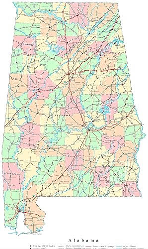 Mapa - Póster laminado de imágenes vívidas de Alabama con mapa político imprimible, póster laminado de 20 x 30 pulgadas con colores brillantes e