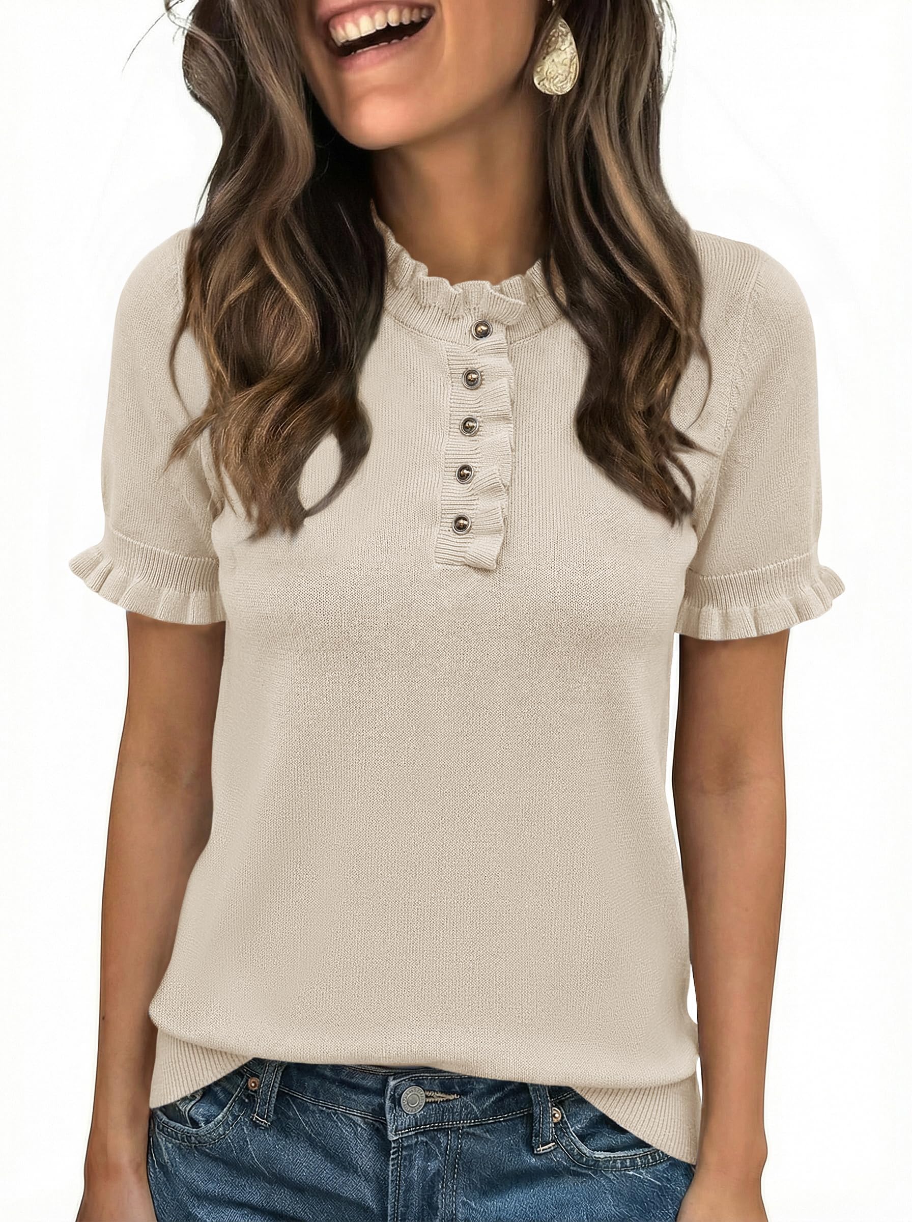 Womens Puff Short Sleeve Sweater Tops Ruffle Henley Neck Spring Summer Pullover Dressy Casual Knit Shirts-image-13