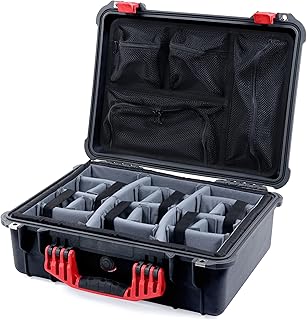 Pelican 1520 Case by ColorCase - Black - Medium Size Waterproof Case with Grey Padded Dividers & Mesh Lid Organizer - Red Handles & Latches