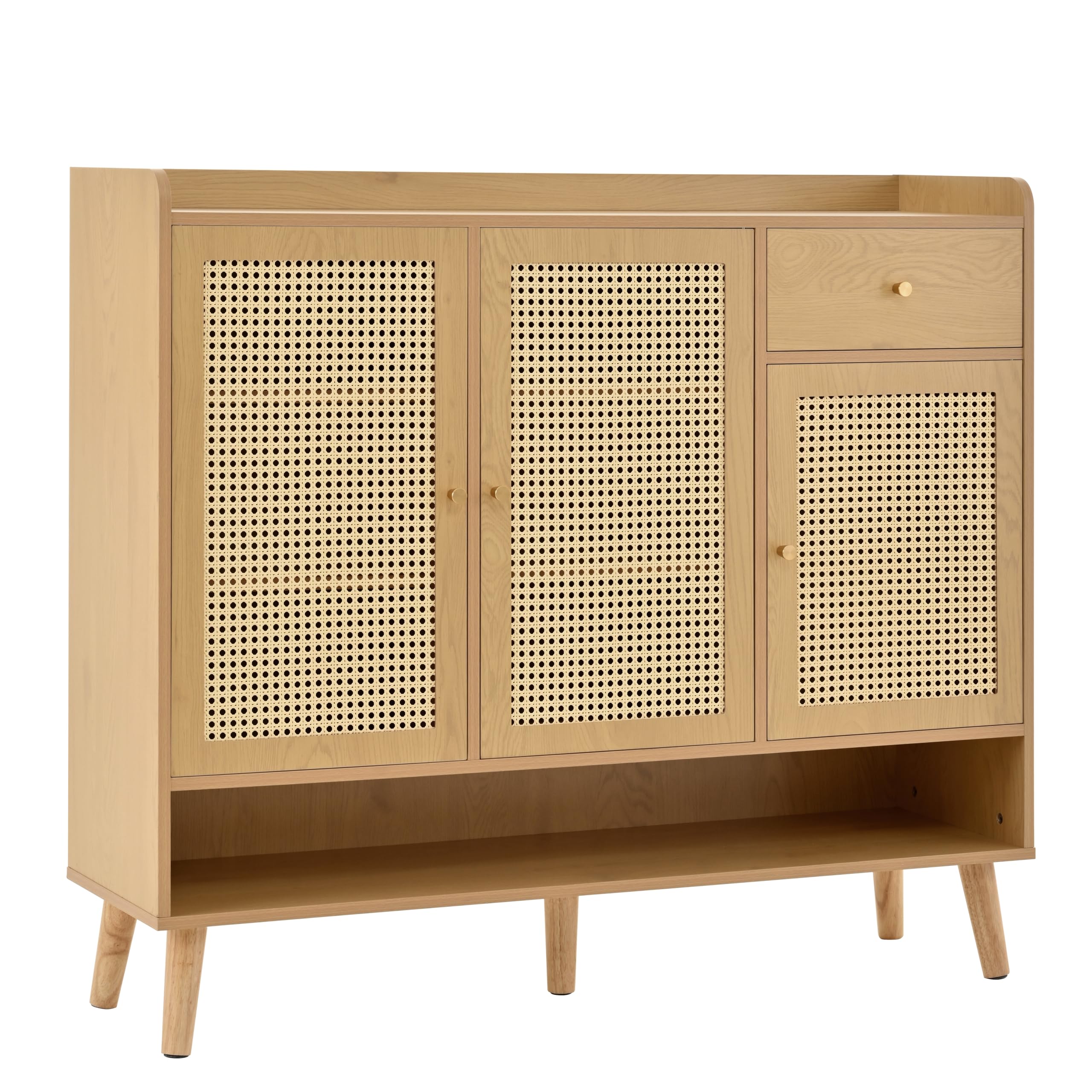 MURUL Zapatero de ratán natural, 120 x 106 x 35 cm, 3 puertas, 1 cajón, 5 estantes, para pasillo, mango de metal, patas de madera maciza