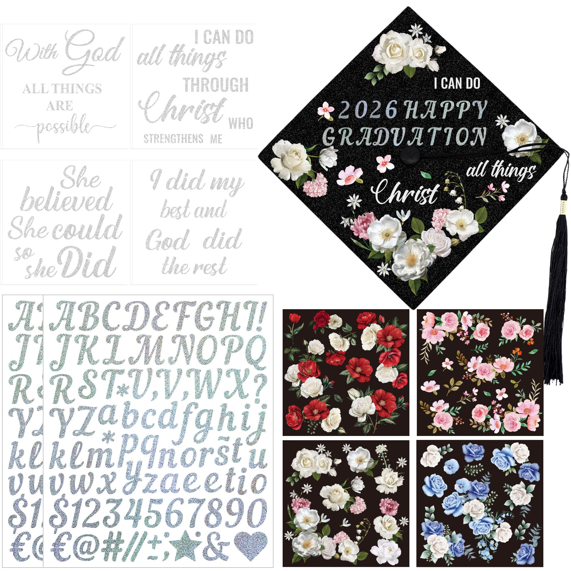 Photo 1 of VISSTREE DIY Graduation Cap Decorations, 15 Pcs 2026 Grad Cap Decorations Kit with Glitter Religious Saying Alphabet Sticker Flower Stickers for Class of 2026 Craft Gifts Graduate Party Decor Supplies