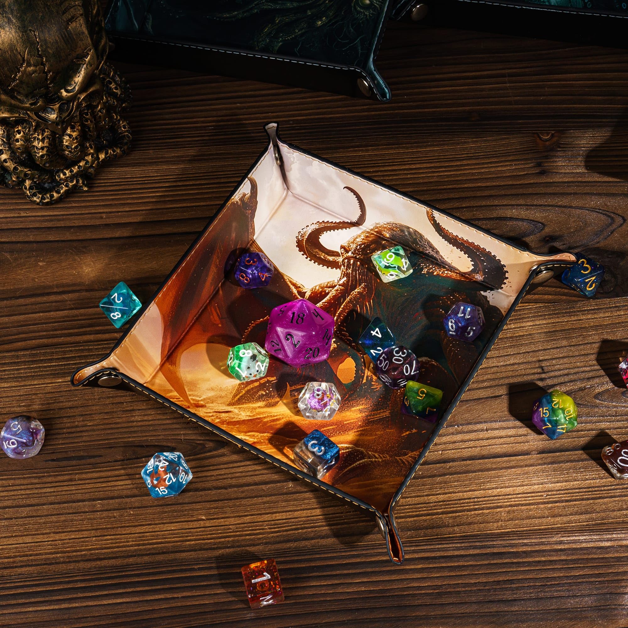 Cusdie PU Leather Dice Tray Square Tray for Dice Rolling and Storing Small Items - Cthulhu Design, Brown Cthulhu - Image 2