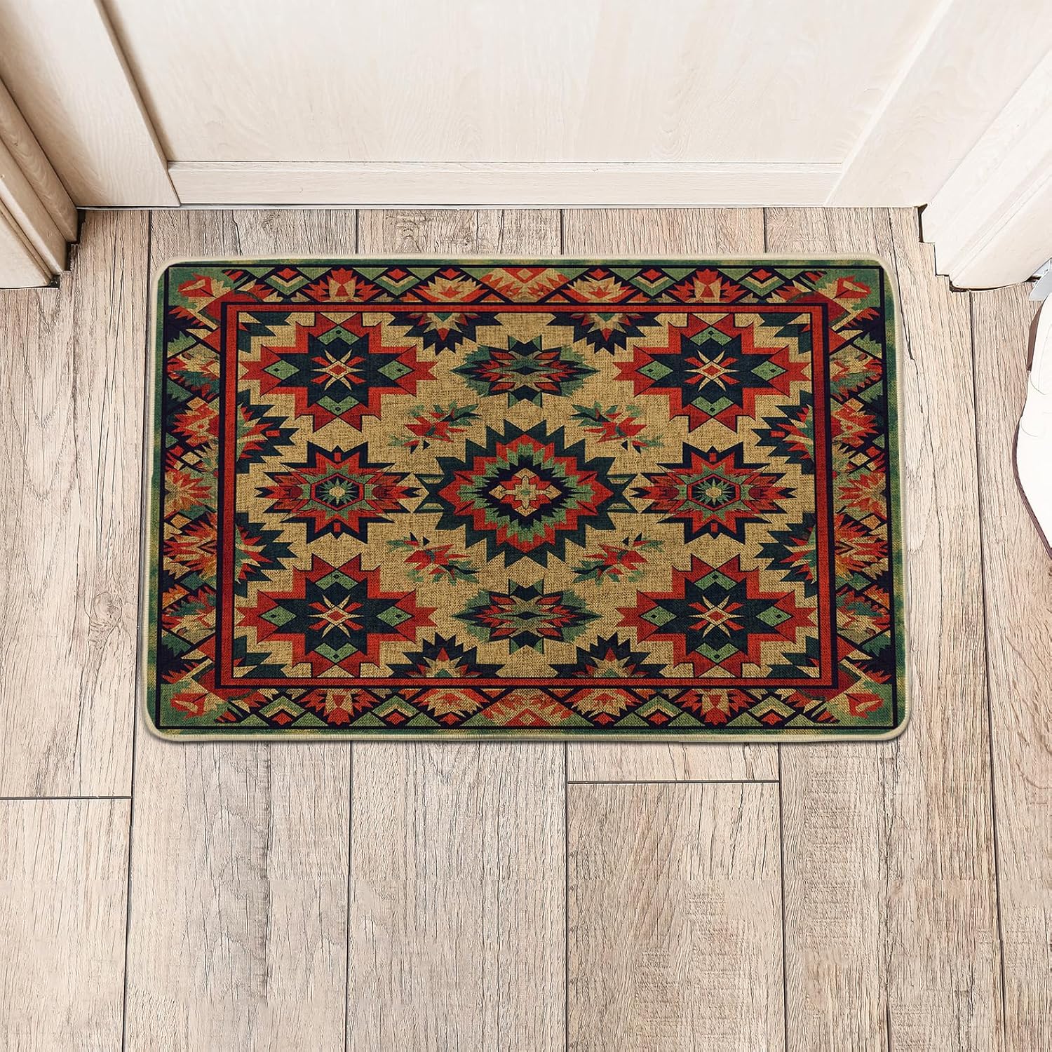 Aztec Door Mat Indian Geometry Floral Pattern Tribal Southwestern Red Green Beige Rubber Absorbent Dirt Trapper Non Slip Washable Indoor Home Porch Outdoor Welcome Doormat Entry Mats 17x29 Inch