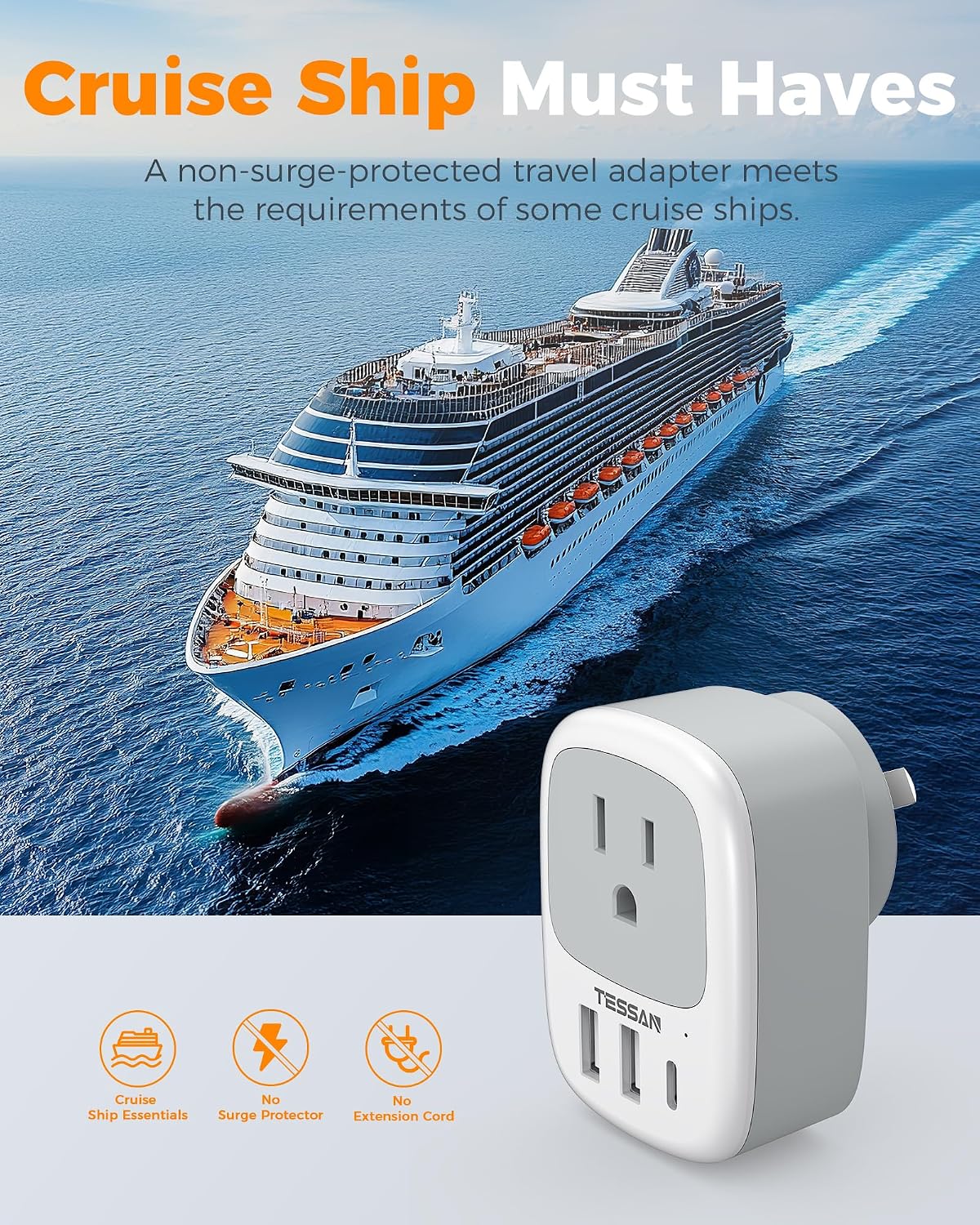 Australia New Zealand Power Adapter 3 Pack, TESSAN Type I Travel Adaptor with 3 USB Charger (1 USB C Port) for US to Australian Argentina China Fiji Cook Islands