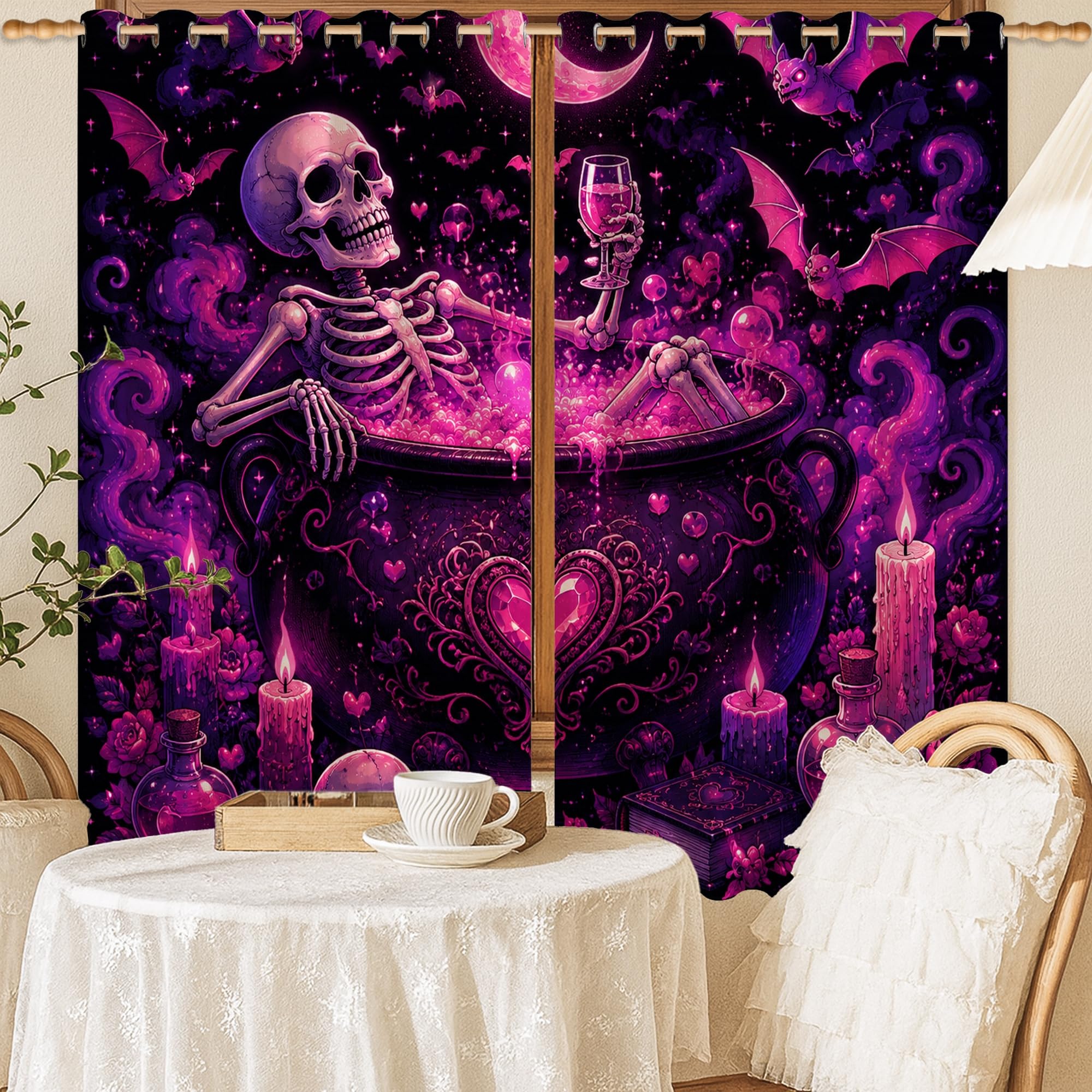 Rideaux occultants violets Halloween avec motif squelette et chaudron gothique 132x137cm