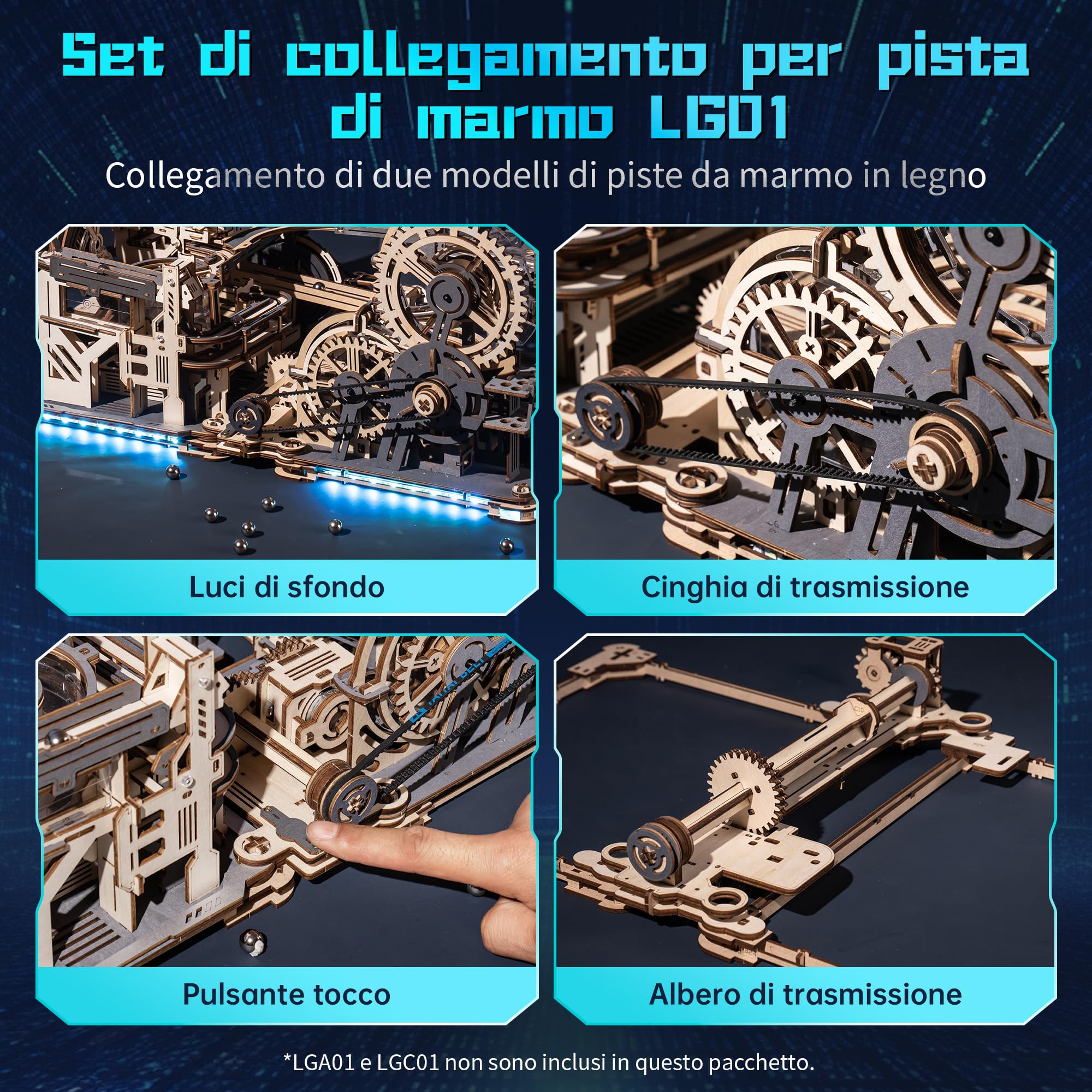 ROBOTIME LGC01+LGA01+LG01 3-in-1 Puzzle 3D in Legno Piste per le Biglie Modellismo da Costruire Adulti, Marble Run Wooden Puzzle, LED Elettrico Regalo di Compleanno Uomo, LGX02 (=LGC01+LGA01+LG01)