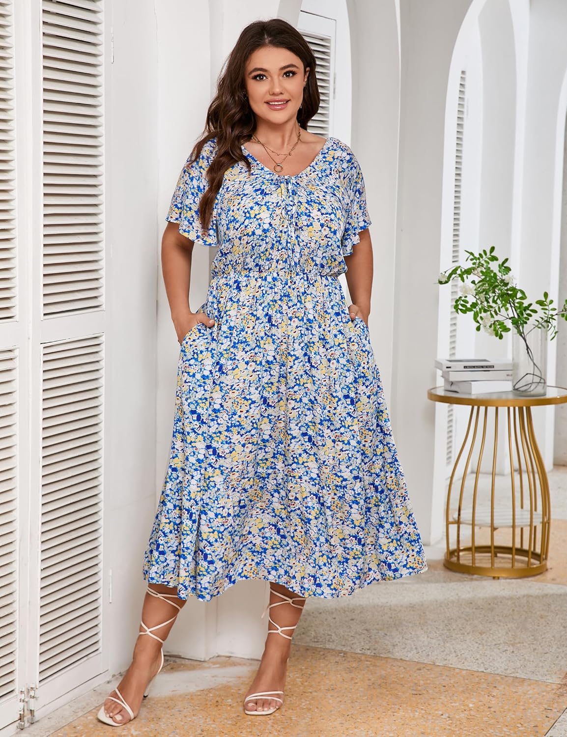 KOJOOIN Womens Plus Size Summer Dress V Neck Short Sleeve Tie Front Boho Beach Floral Printed Maxi Dress with Pockets - Image 4