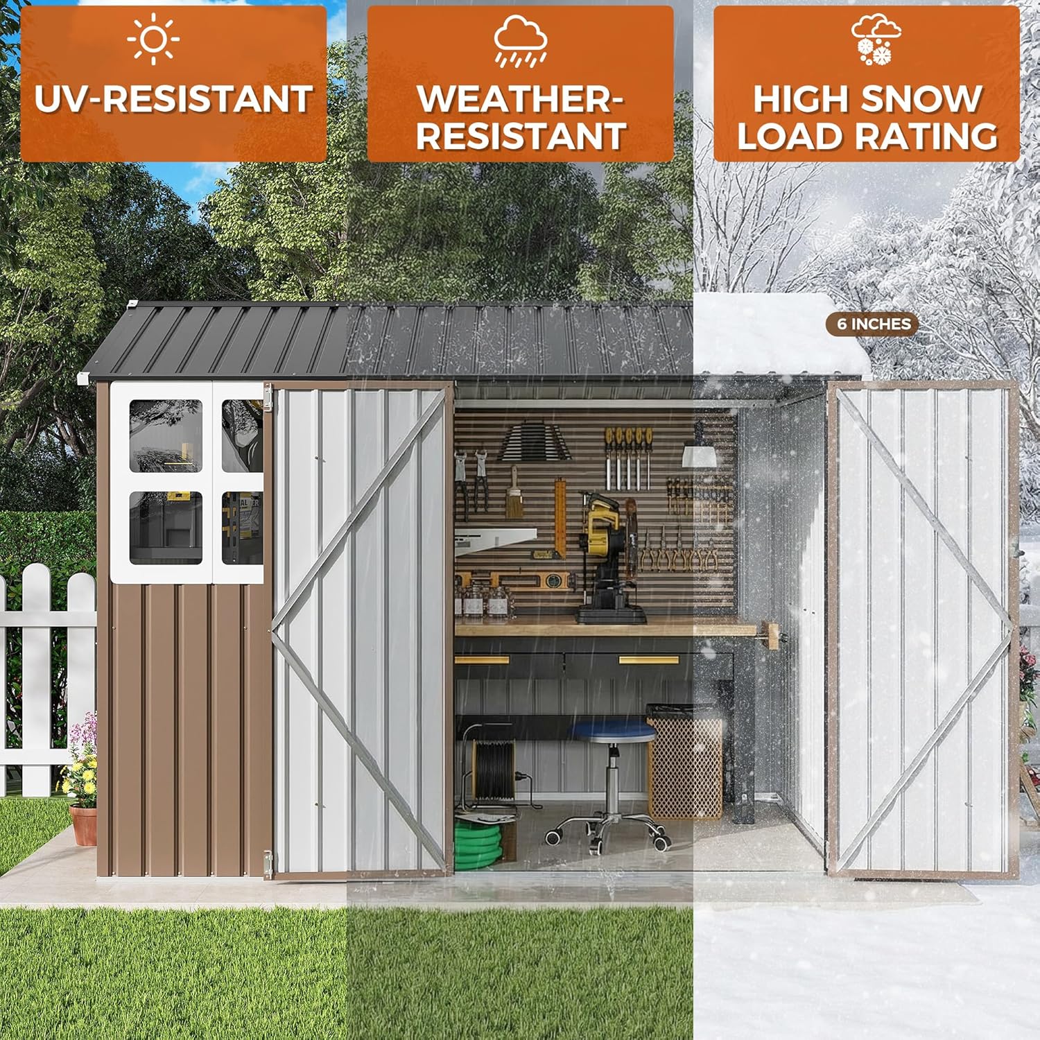 IRONCK 8x6FT Outdoor Storage Shed with Clear Window, Tool Shed with Breathable Vent and Lockable Doors, Metal Garden Storage for Poolside, Patio, Backyard, Brown