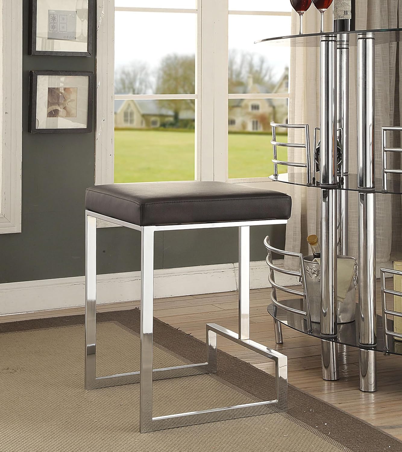 Carolina Chair & Table Forma 24 Inch Counter Stool – Modern Black Leatherette Seat with Chrome-Plated Metal C-Shaped Frame and Footrest – Square Bar Furniture for Kitchen Island, Dining, Bar Seating
