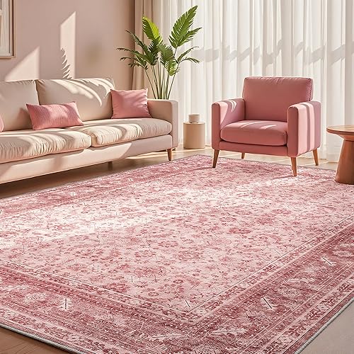 OPPODREAM Thin Vintage Pink Area Rugs 5x7, 5 x 7 Retro Washable Rug Non Slip, Low-Pile Faux Wool Carpet, Distressed Floor Mat for Living Room, Bedroom, Kitchen, Office, Dorm, Dinning Room