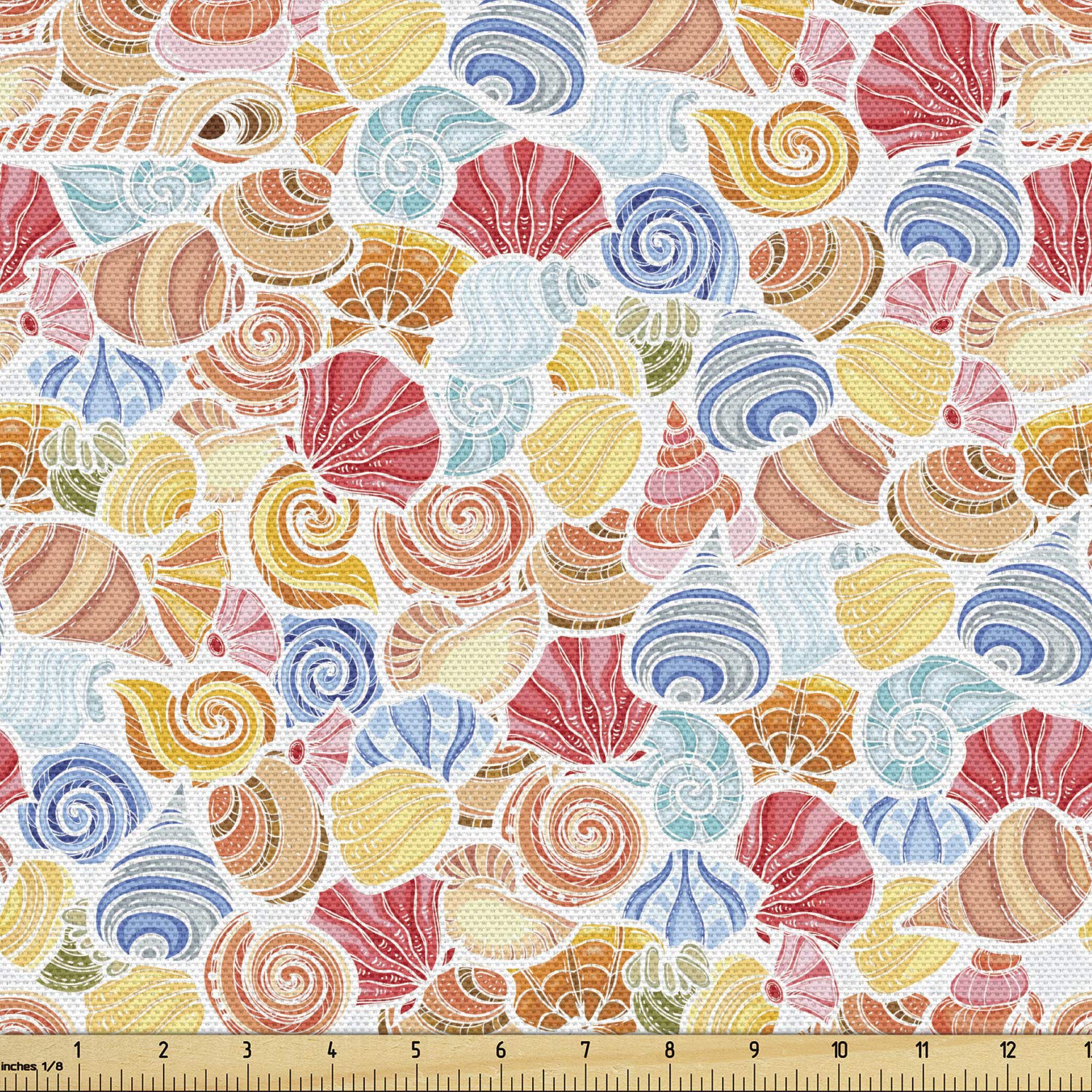 Ambesonne Scallop Fabric by The Yard, Continuous Vivid Shell Colorful Underwater Sea Life, Decorative Fabric for Upholstery and Home Accents, 1 Yard, Yellow Multicolor