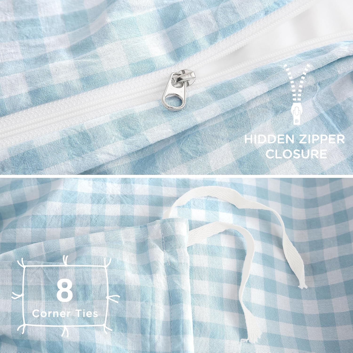 TOCOMOA Light Blue Gingham Duvet Cover Bedding Set 100% Washed Cotton Like Linen Feel Super Soft Comfy 3 Piece Vintage Plaid Checkered Comforter Cover Set (Queen 90"x90", Comforter Not Included) - Image 6