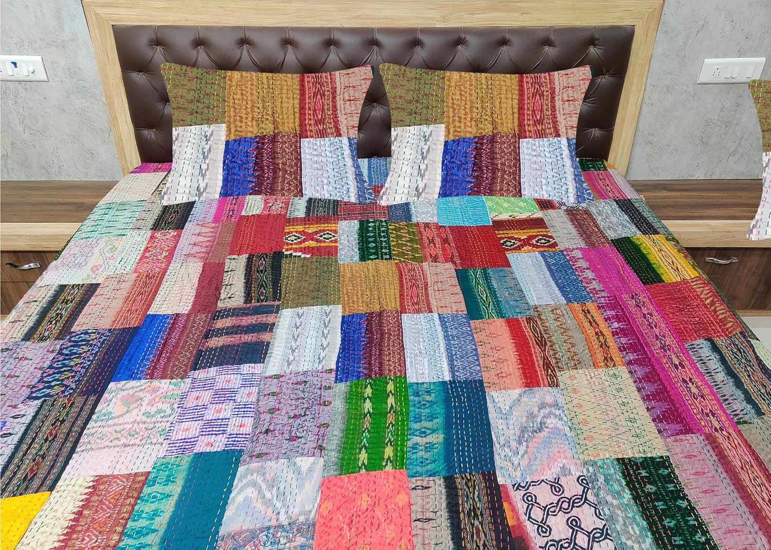 Blanket Bedding Bedspread Bed Kantha Vintage Handmade Silk Patchwork Indian Art Cover India Sari Bohemian Spreads Washed Patola Spread Quilt