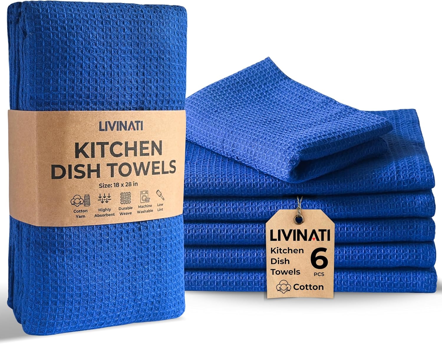 Highly Absorbent Cotton Dish Towels for Drying - Set of 6 Royal Blue Kitchen Towels - 18"X28" Lint Free Waffle Weave Cloth Linen Hand Bathroom Bulk Dishtowels