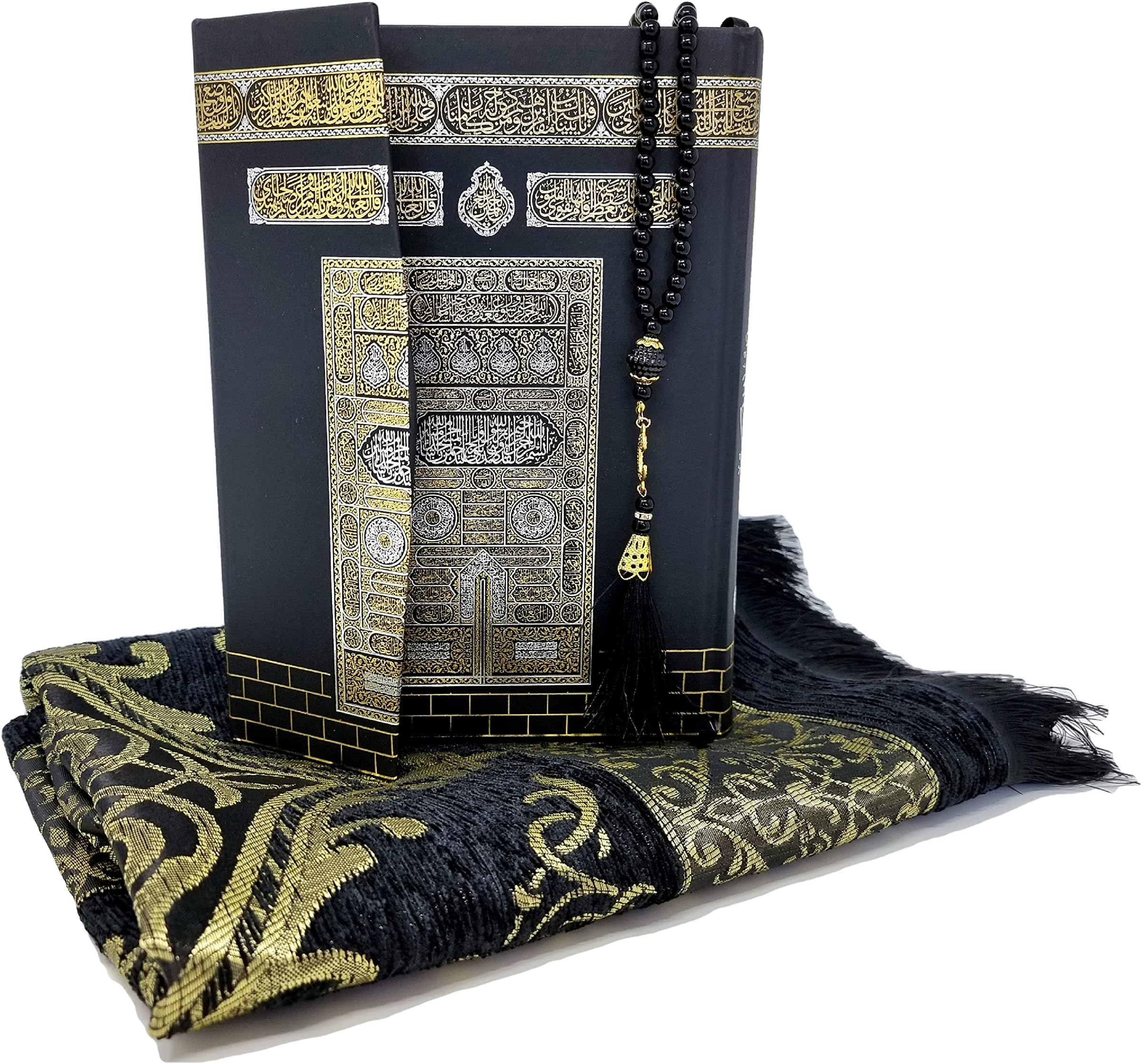 Holy Quran with English Translation 18 x 25 cm + Tajweed Ruling Gift Set Box Kaaba Design, Prayer Mat, Prayer Beads in Gift Box, QR Code Phone Recitation Islam