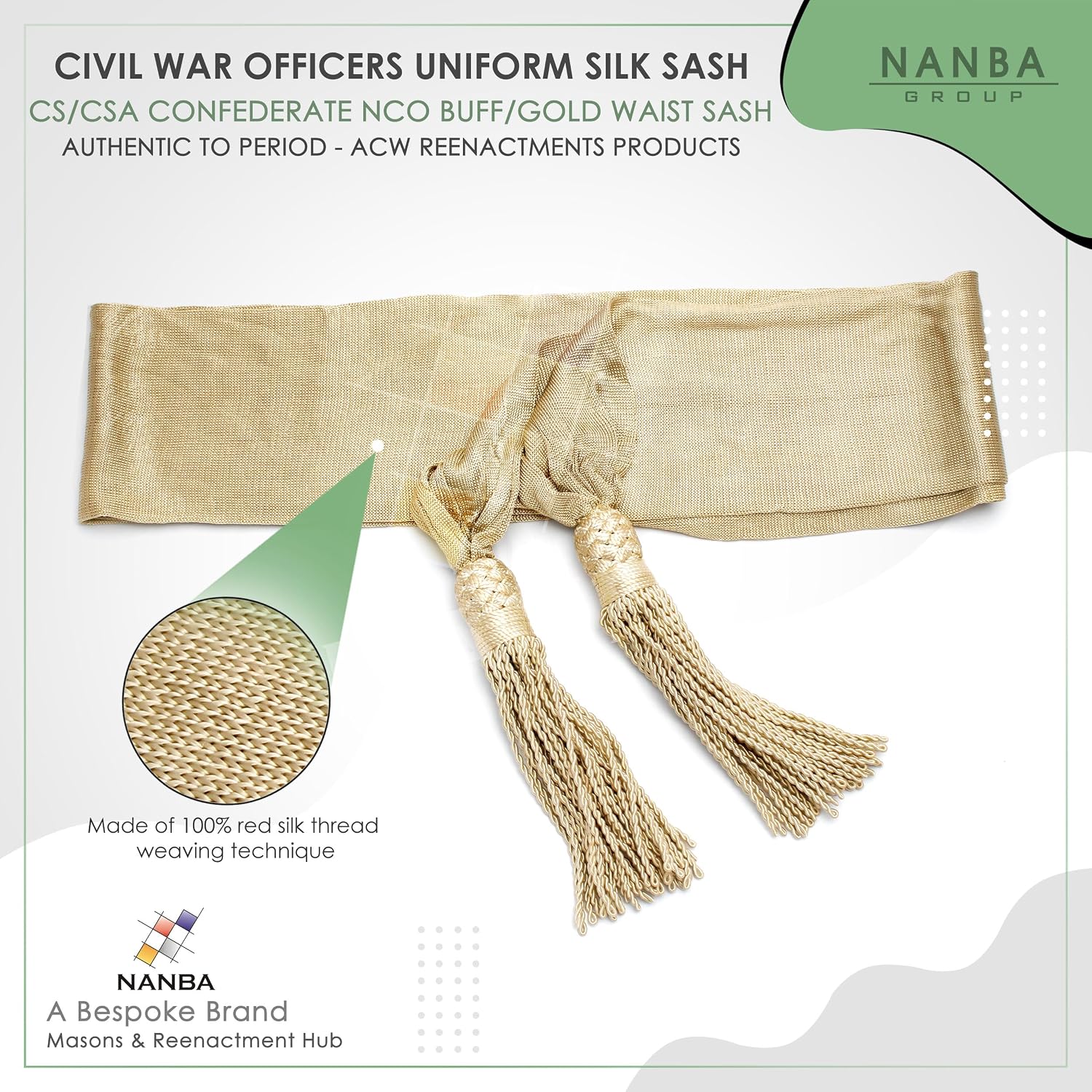 Civil War Officers Uniform Waist Sash - CS/CSA Confederae NCO Buff/Gold - Authentic to Period - ACW Reenactment Product