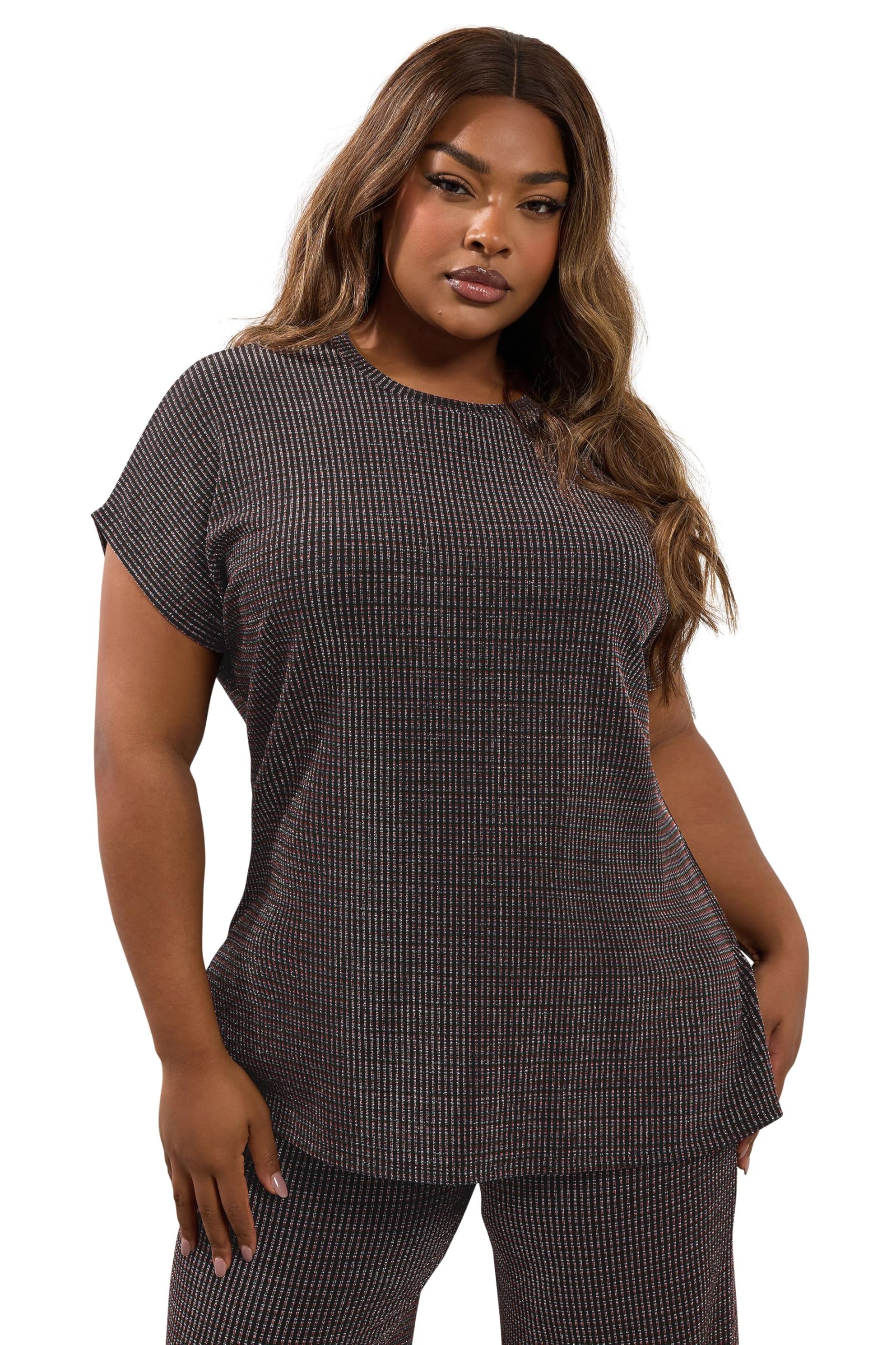 Yours Women's Black Curve Metallic Grown-On Sleeve T-Shirt - Plus Size Curve