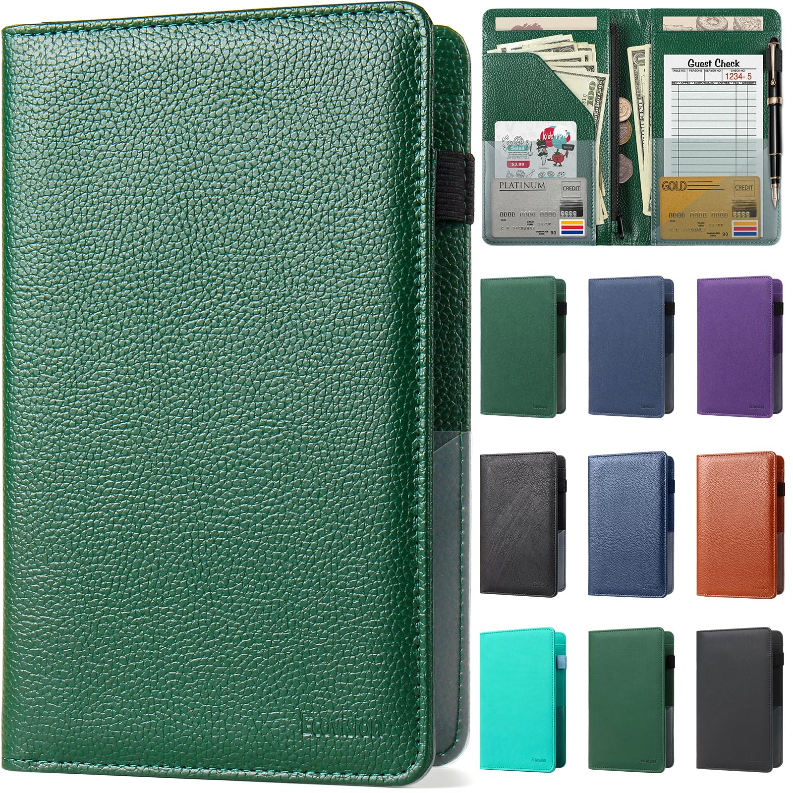 EcoVision Server Book for Waitress, Leather Waiter Organizer with Zipper Pocket, Restaurant Waitstaff Booklet, Guest Check Holder with Money Pocket,