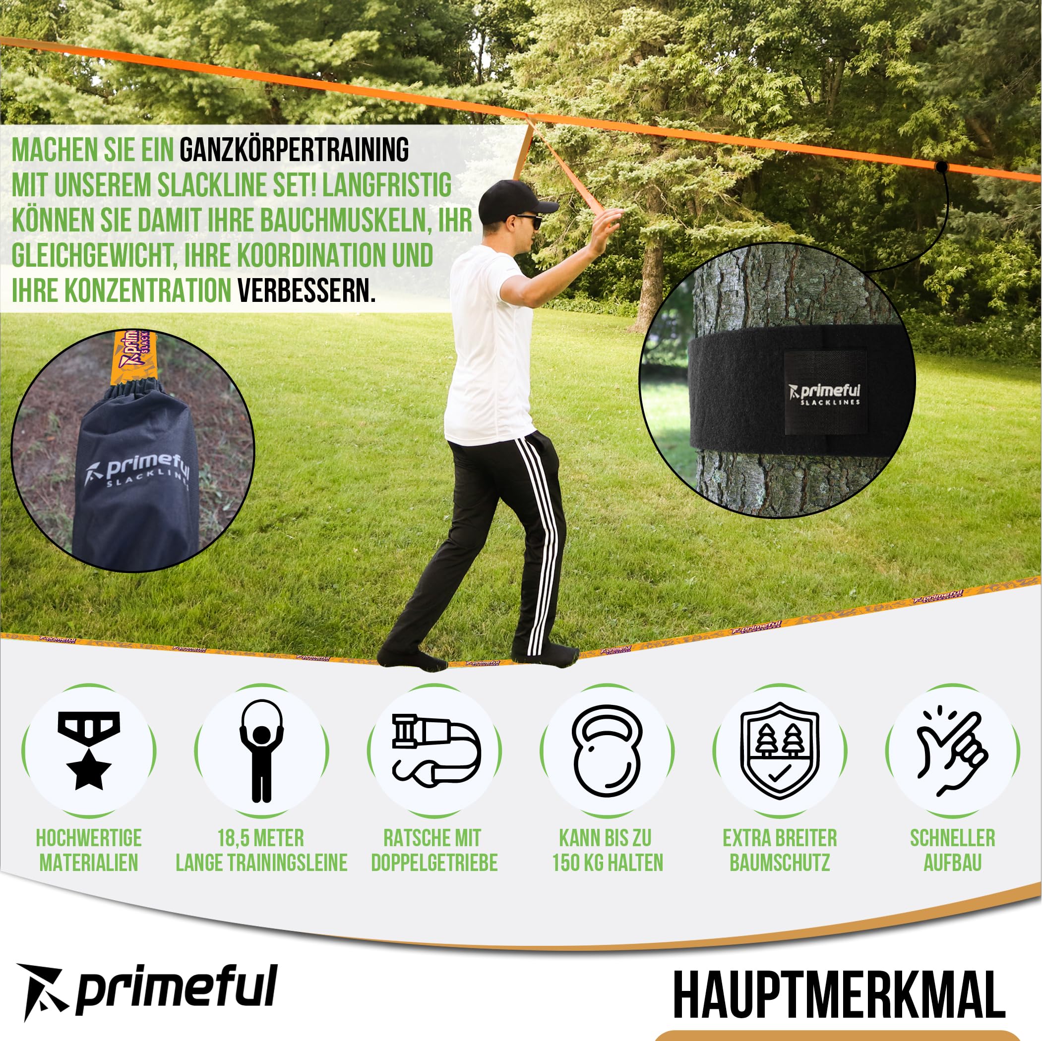 Slackline Set 18,5m - Premium Komplettset mit Hilfsseil, Ratsche, Baumschutz & Tasche - TÜV-geprüft bis 150kg - Balance Training für Kinder, Anfänger & Erwachsene - Outdoor Fitness Geschenk
