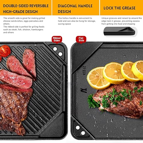 Miniatura 4 de GGC Plancha reversible de hierro fundido, sartén de doble cara para cocinar en interiores y exteriores, 20 x 10.5 pulgadas para hornear y placa